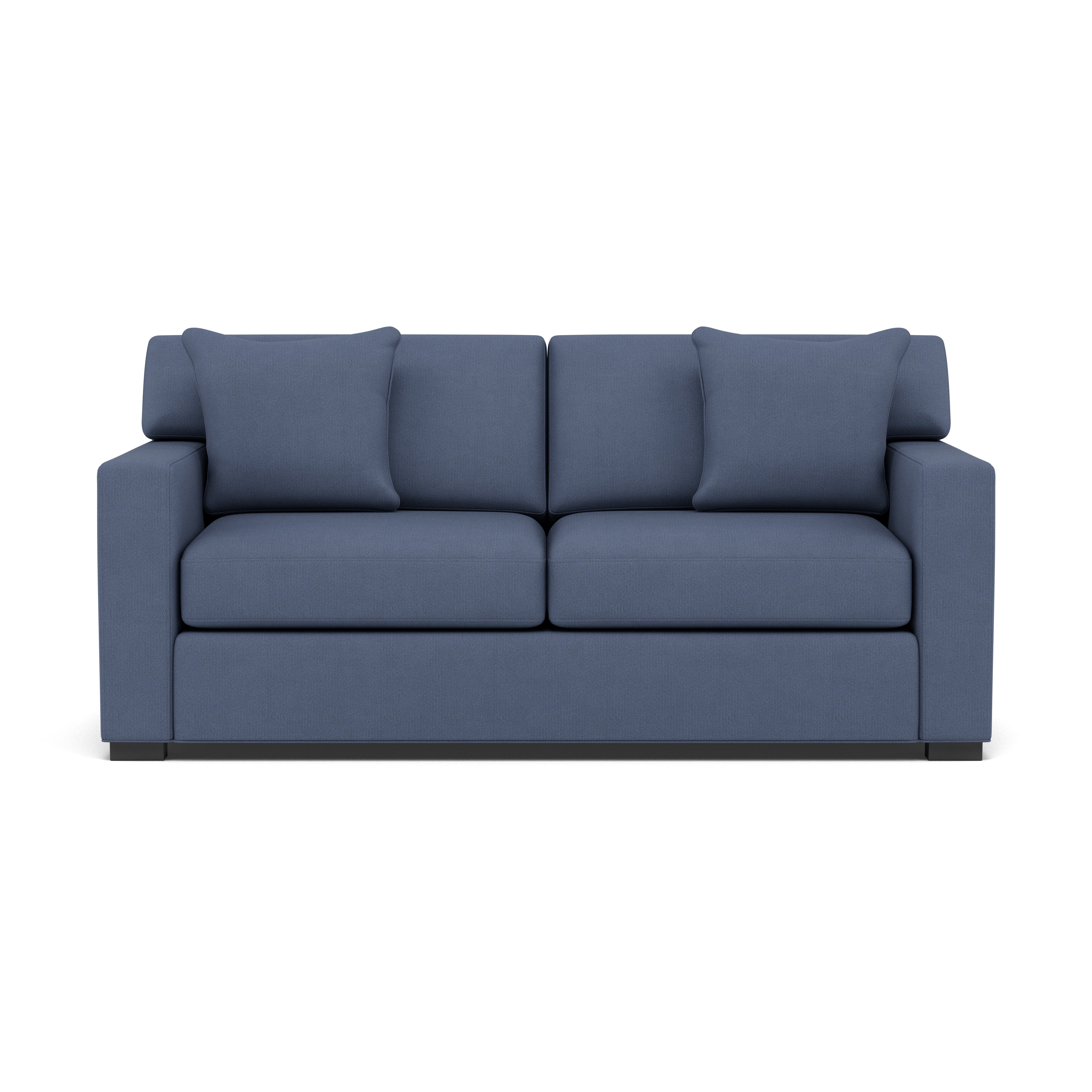 Blue upholstered sofa with square arms and two matching cushions.