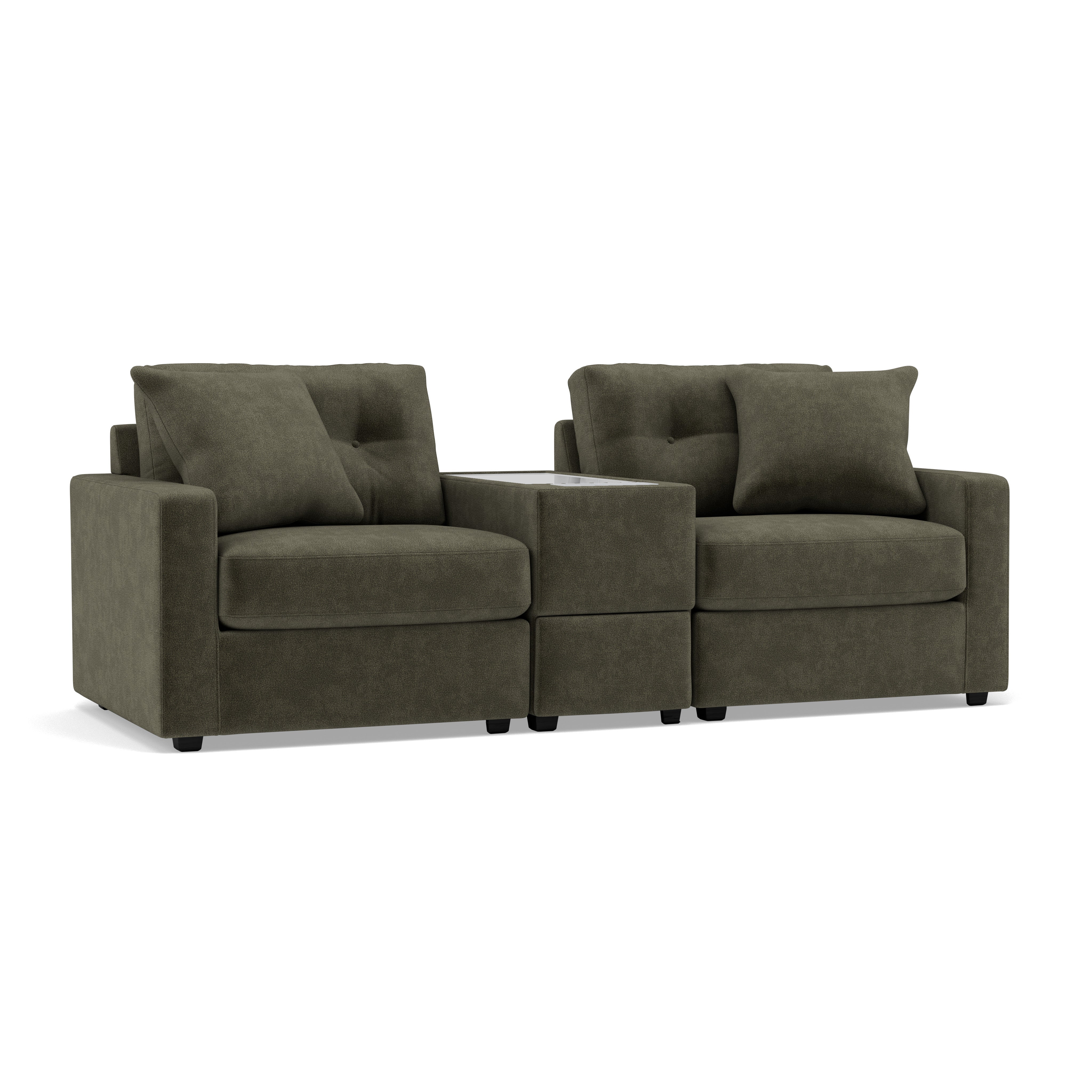 Dark green modern modular loveseat with square arms, two seats, and a center storage console.