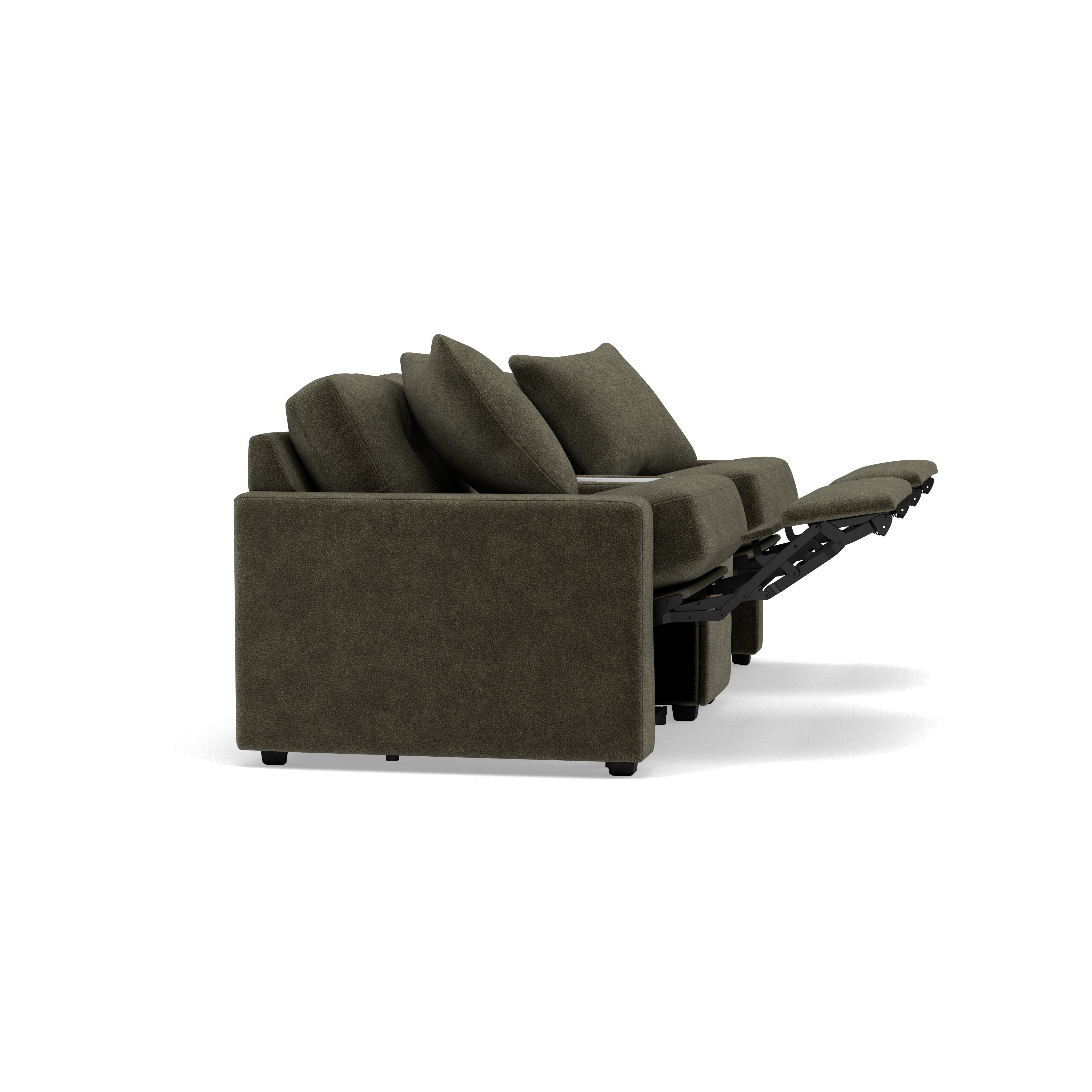 Side view of a reclining dark green sofa with footrest extended, shown on a white background.