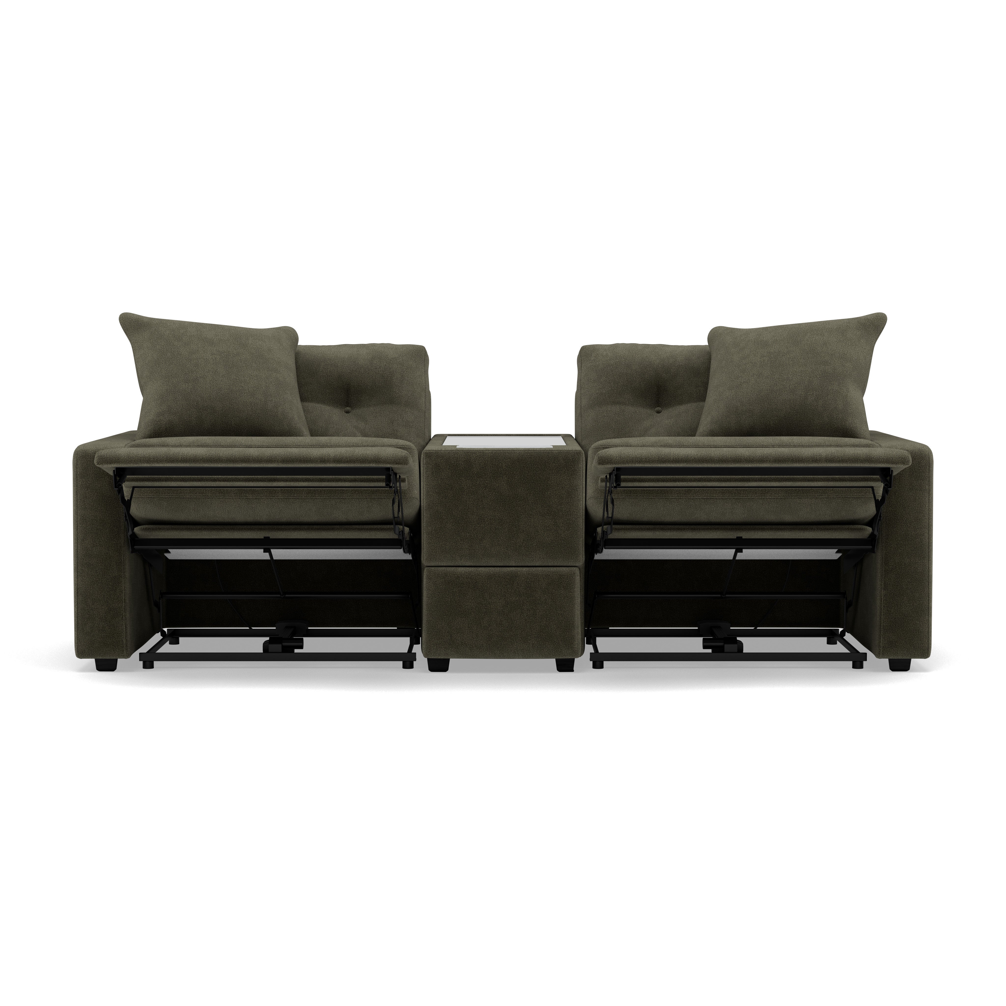 Two-seat reclining sofa with center console, shown from the front.