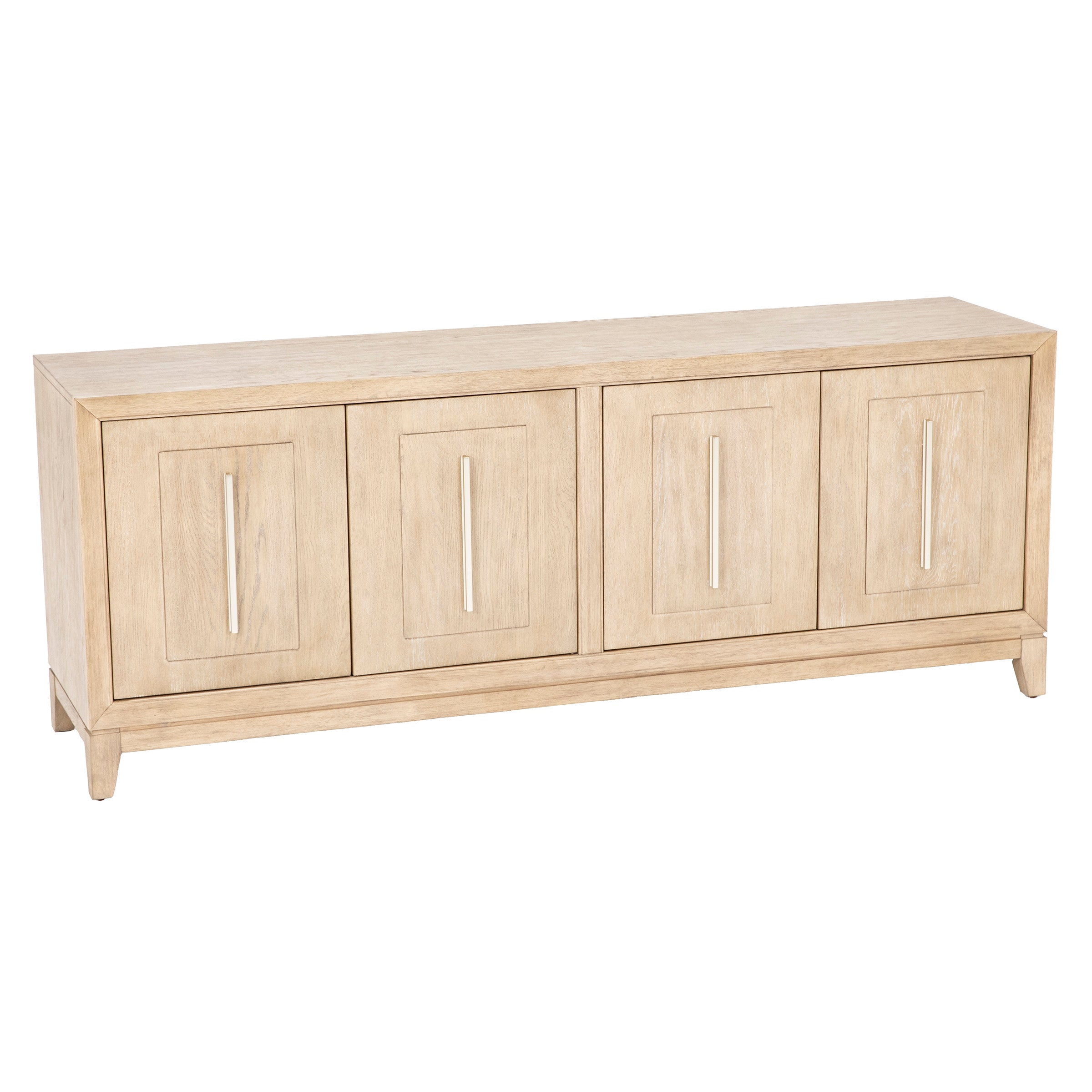 Light wood four-door sideboard with minimalist metal handles.