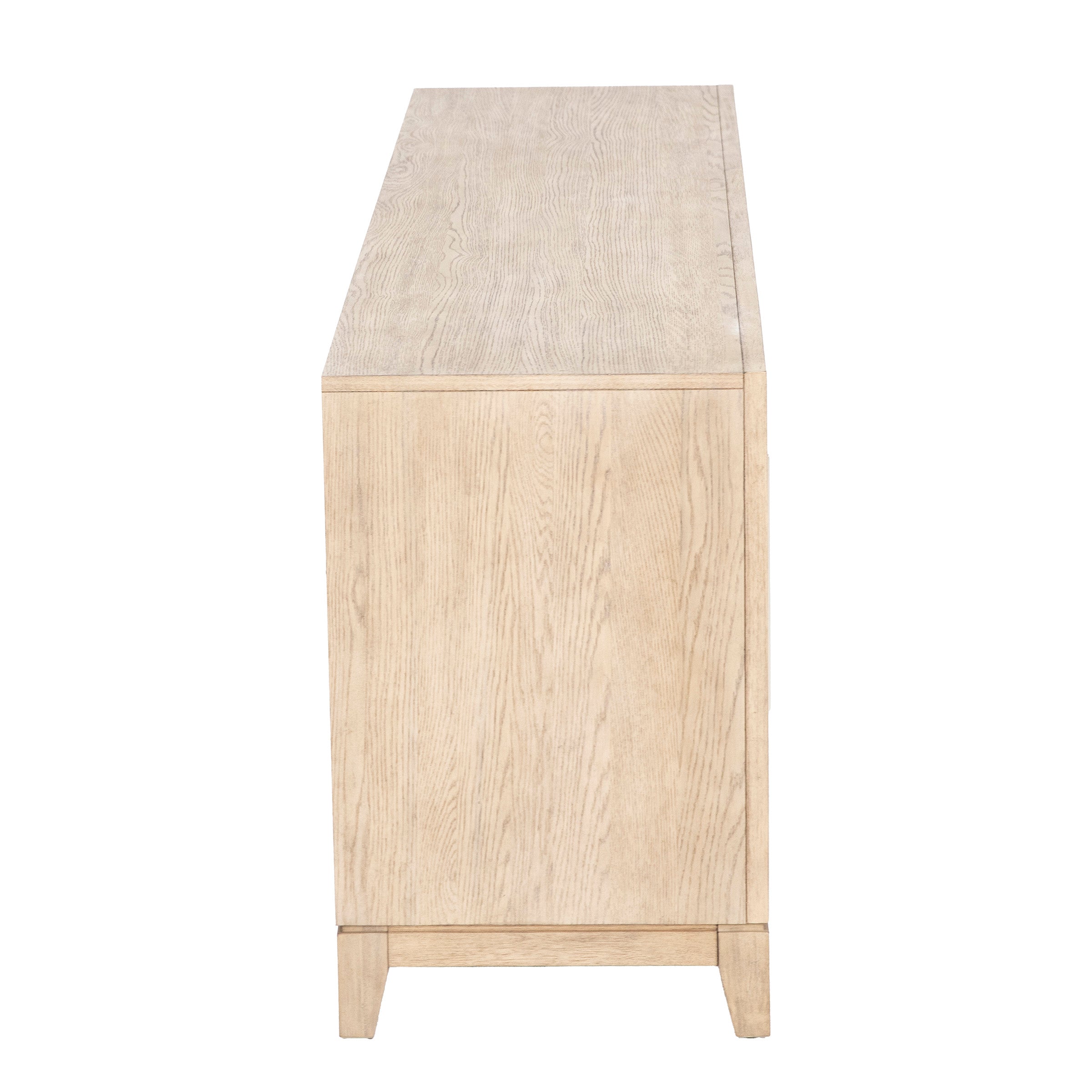 Side view of a light wood cabinet showing grain texture and clean rectangular design.