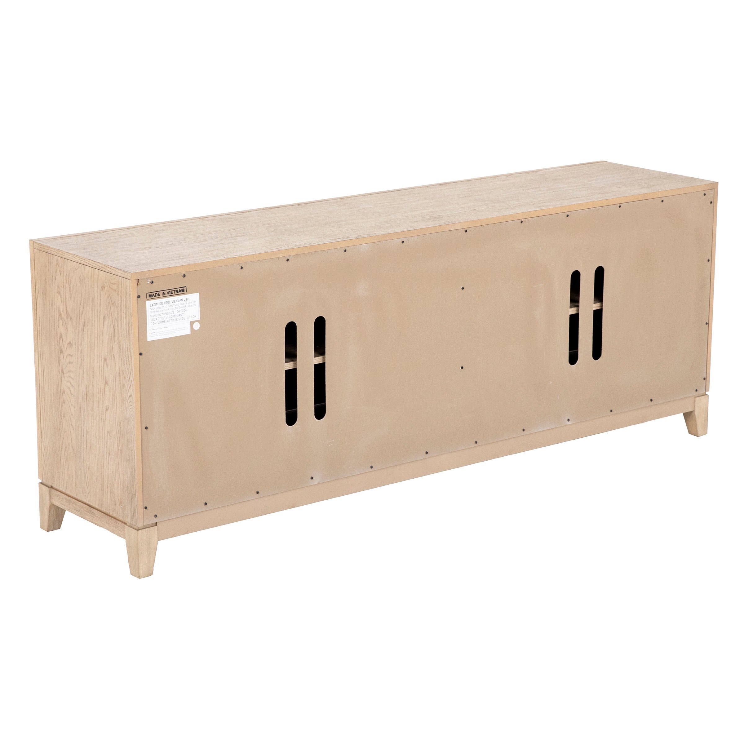 Back view of a light wood entertainment console with ventilation slots.