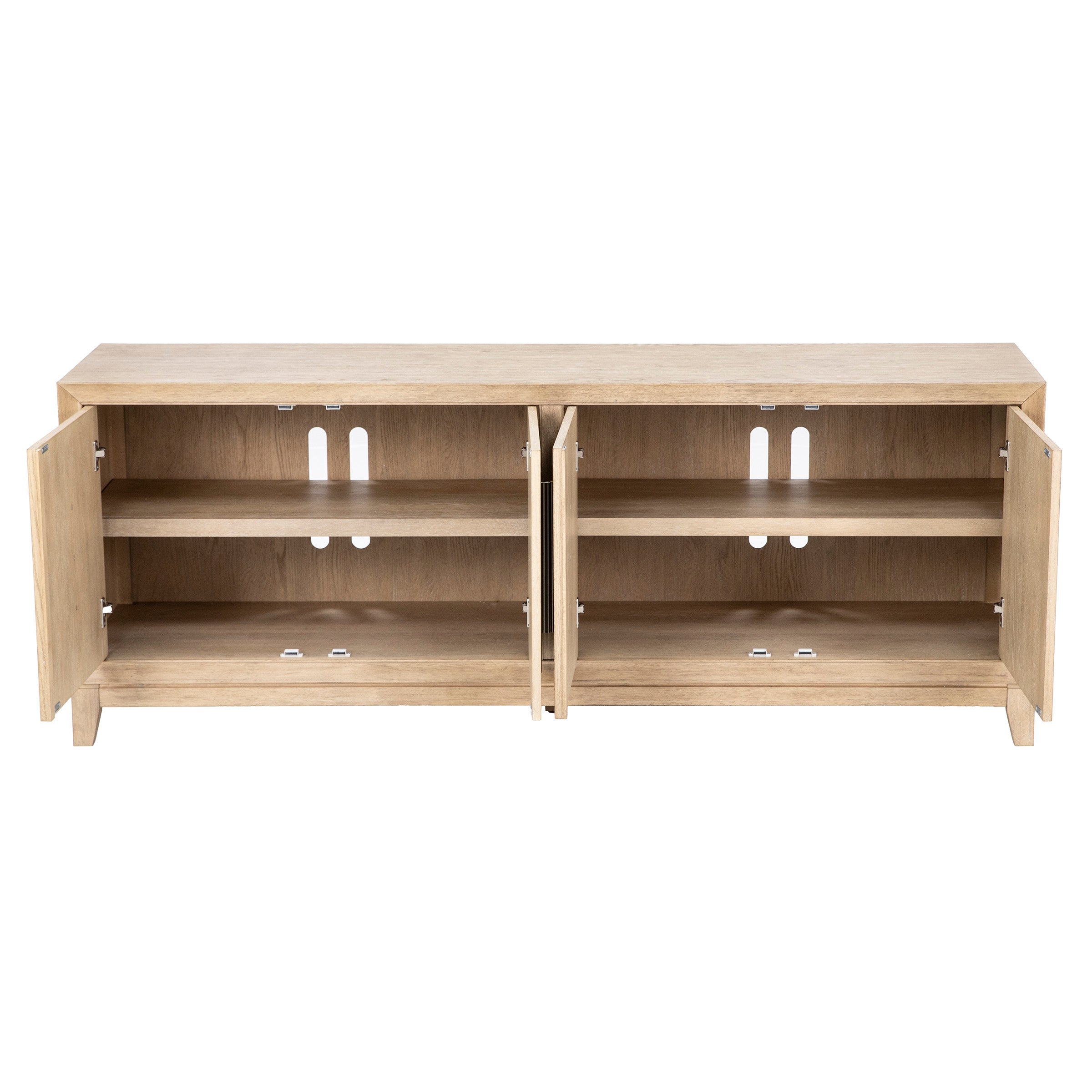 Open light wood cabinet with two shelves and double doors, shown empty.
