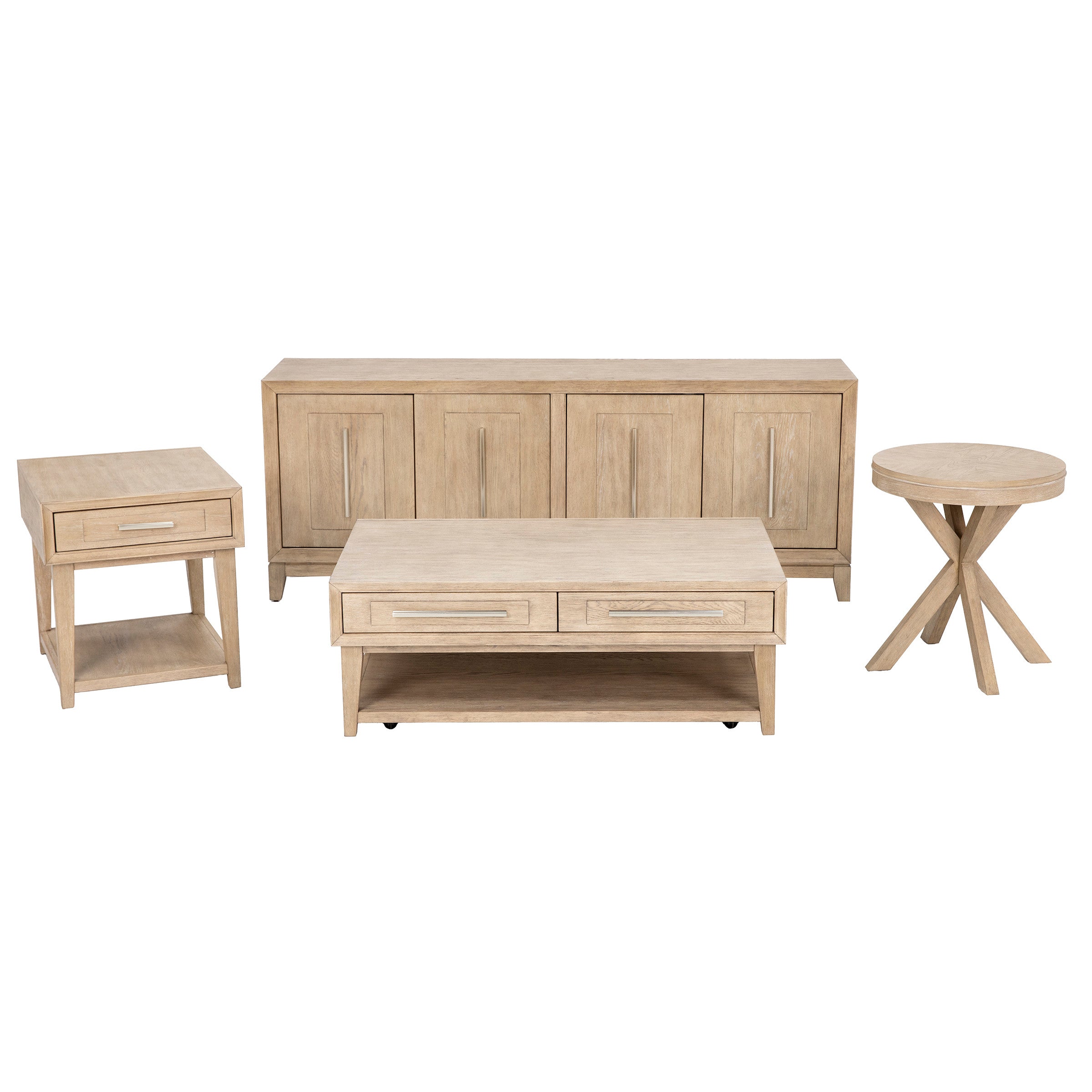 Four-piece light wood furniture set with coffee table, end table, console, and round accent table.