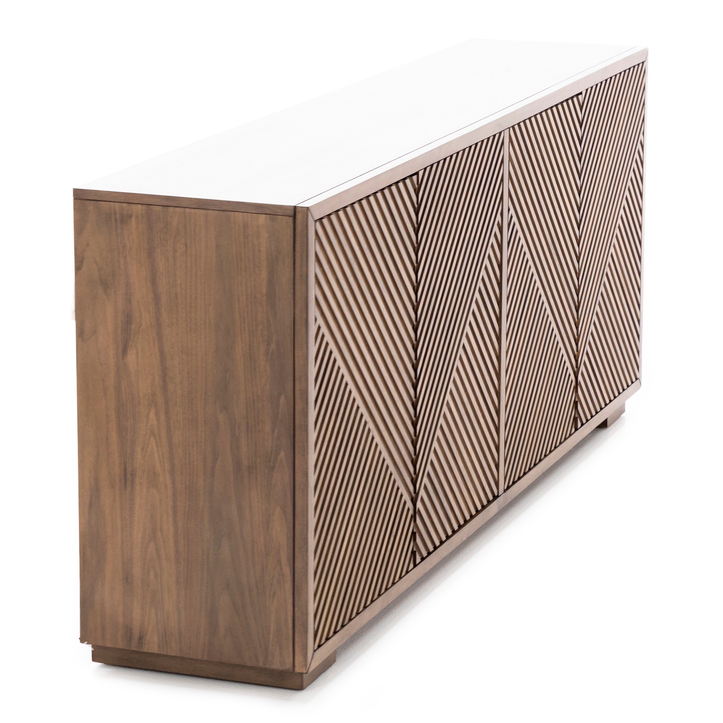Brown wooden sideboard with geometric carved front panels.