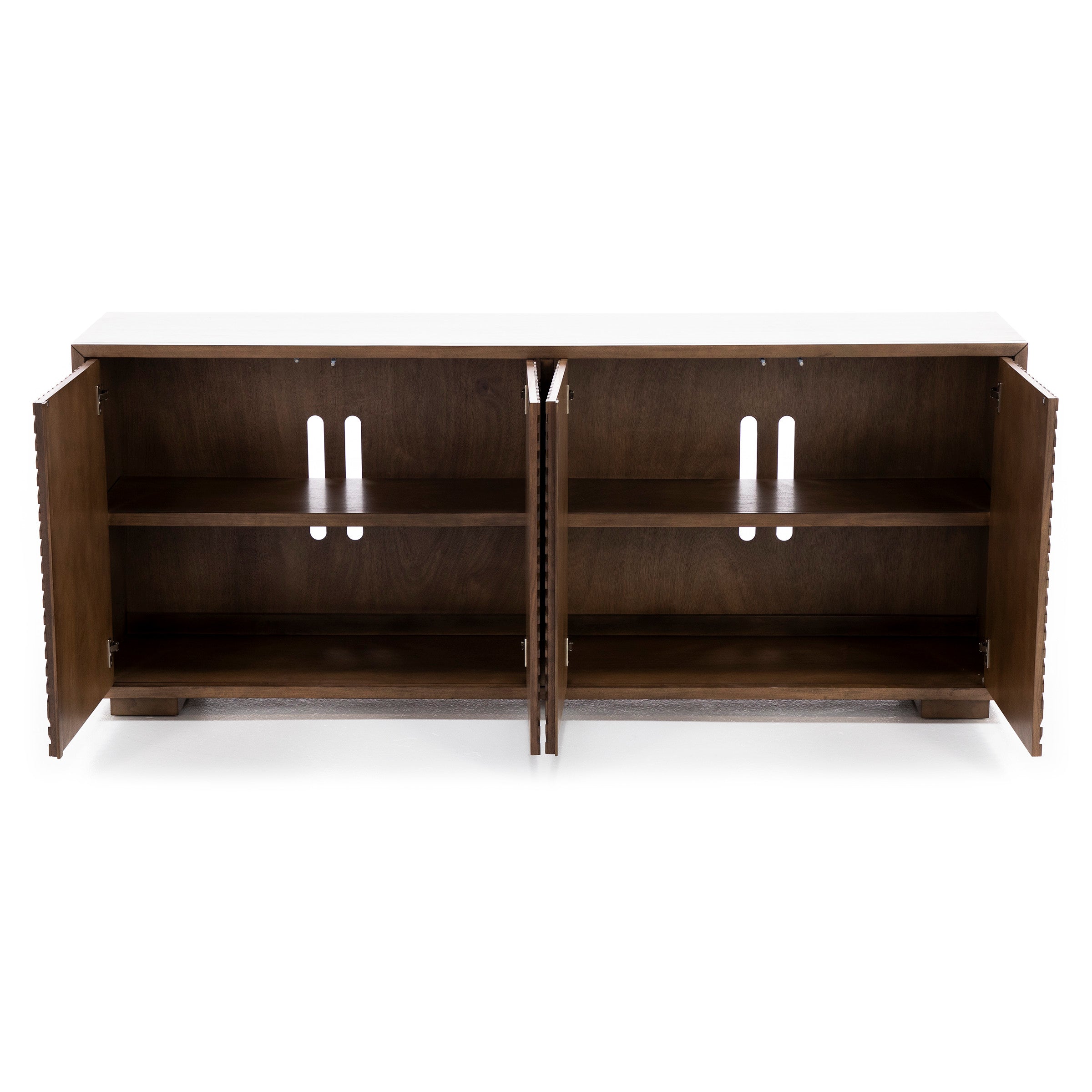 Open wood cabinet with two shelves and back panel cutouts for cable management.