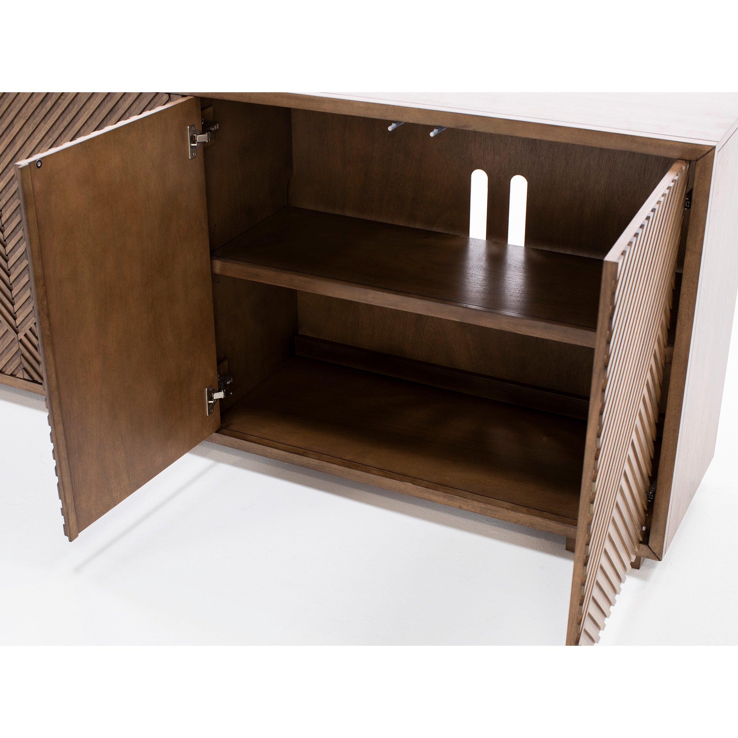 Open wood cabinet with two shelves and chevron-patterned doors.