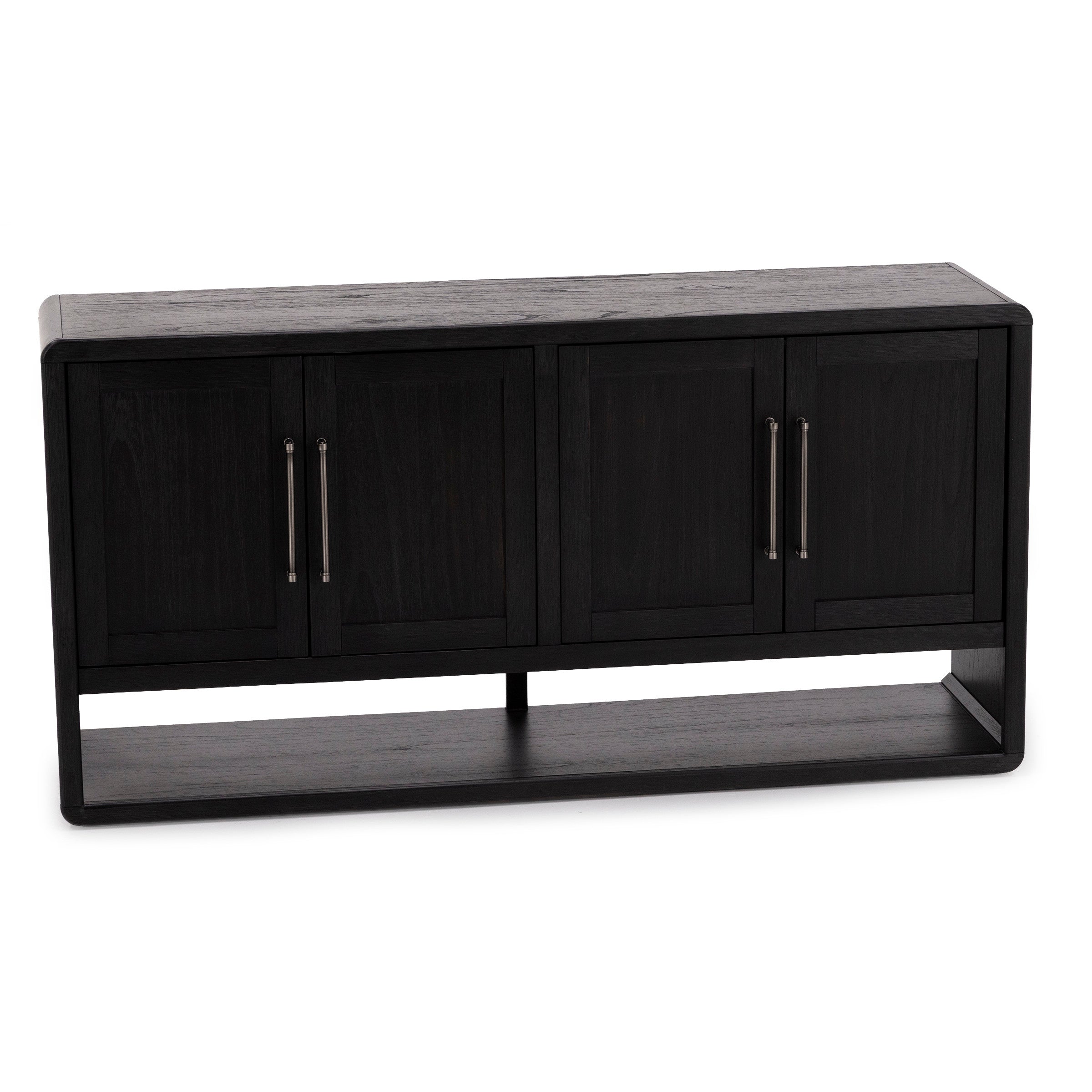 Black wood cabinet with four doors and lower shelf, modern design.