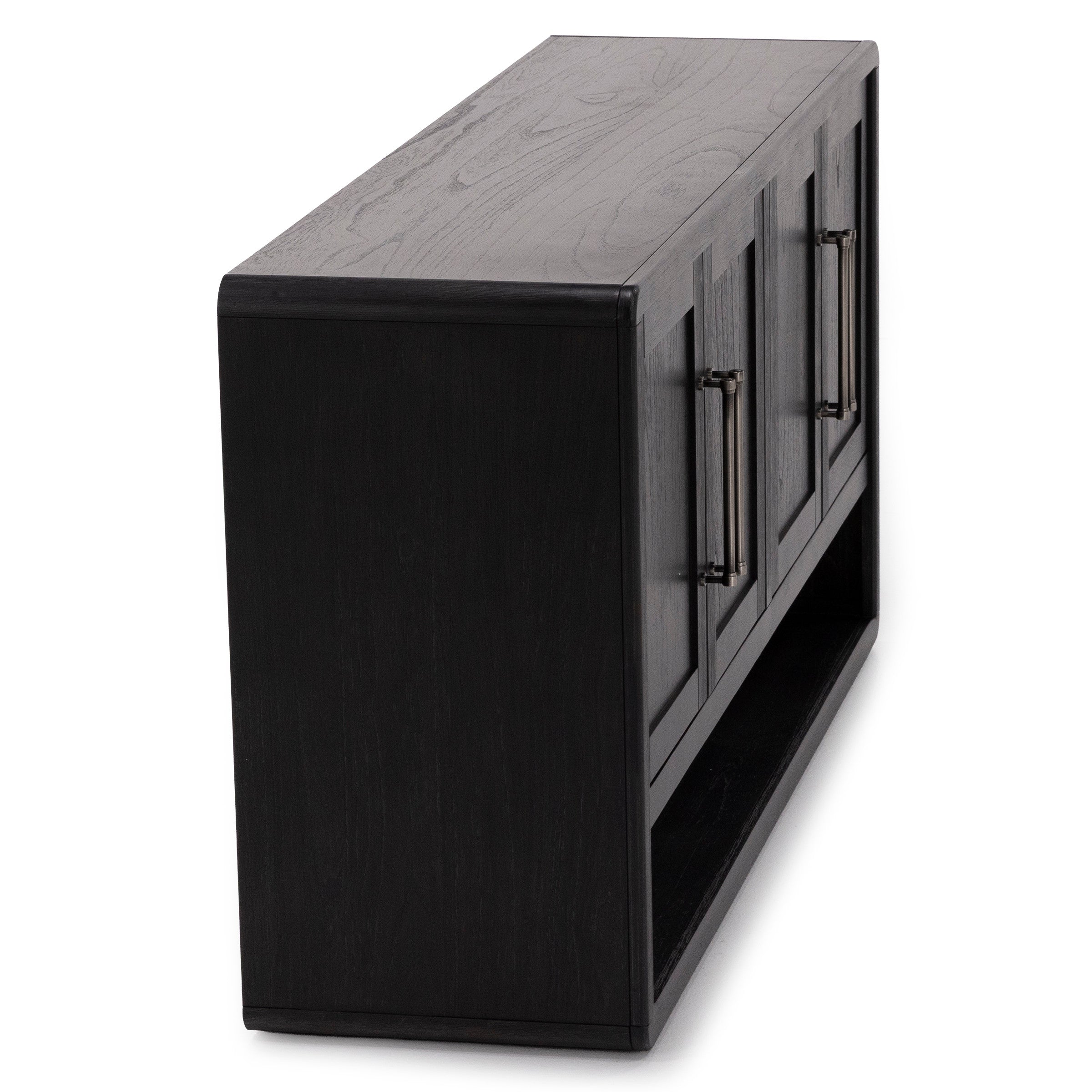 Side view of a dark wood cabinet with metal handles on four doors.