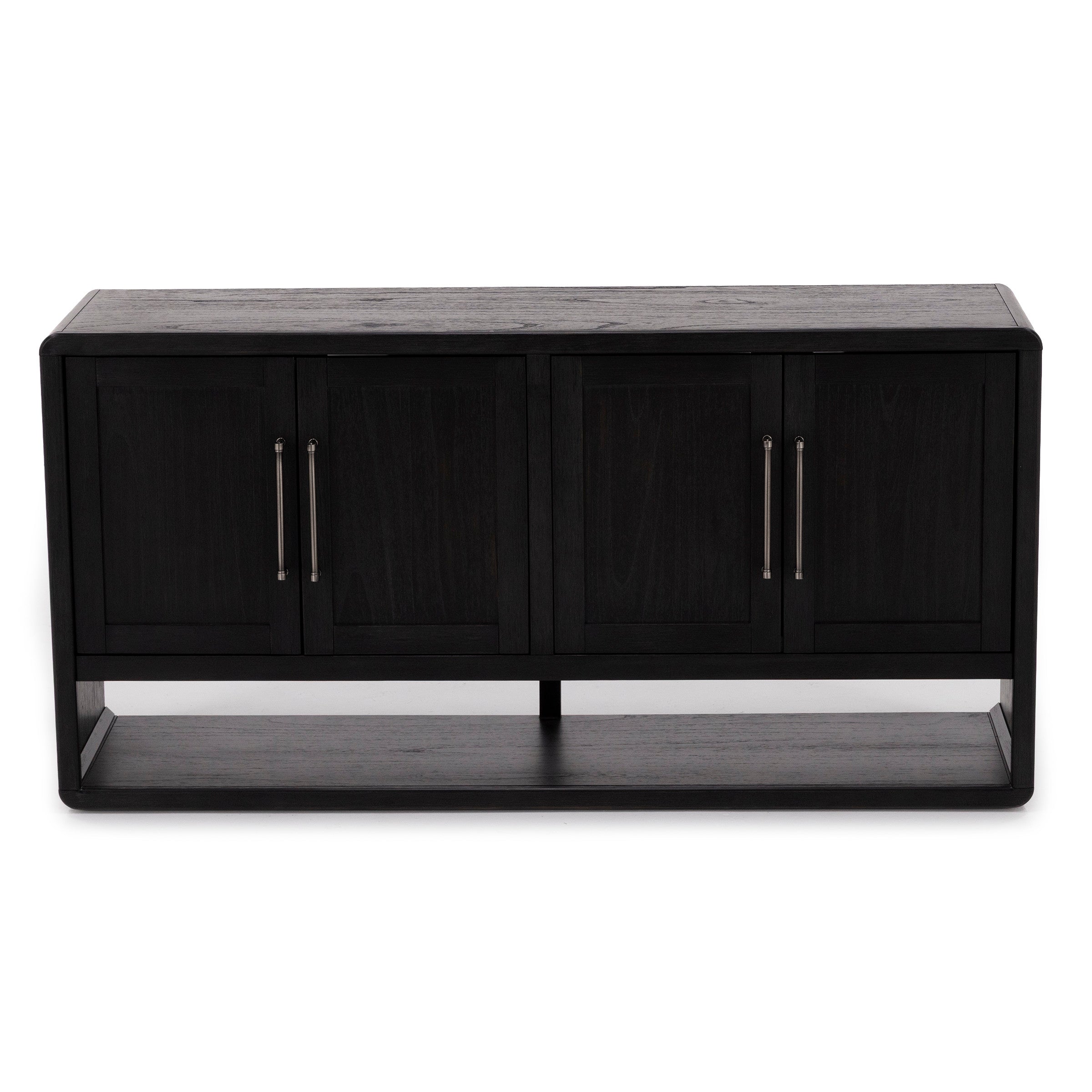 Black wood sideboard with four doors and metal handles, modern design.