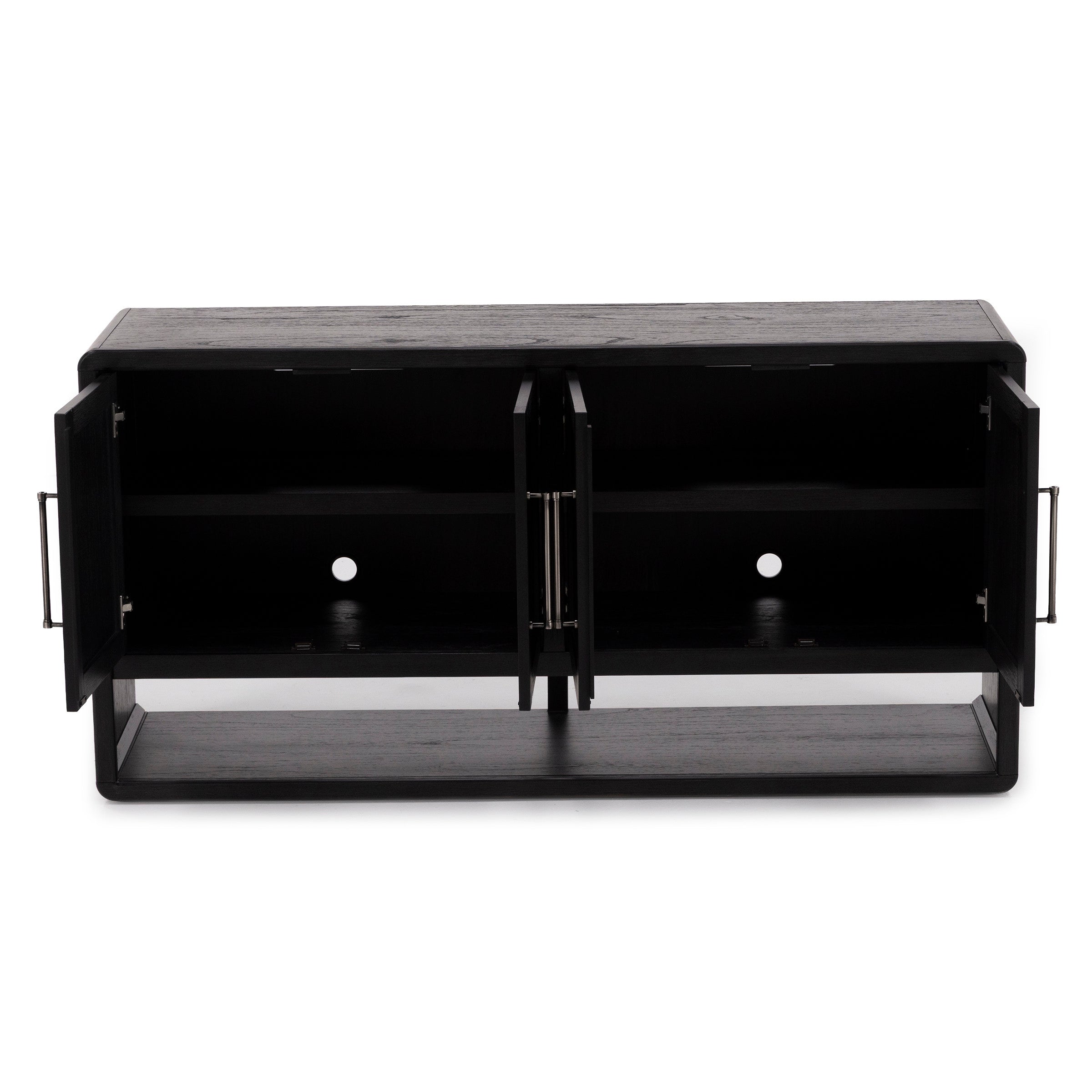 Black wood media console with open cabinet doors and interior shelves.