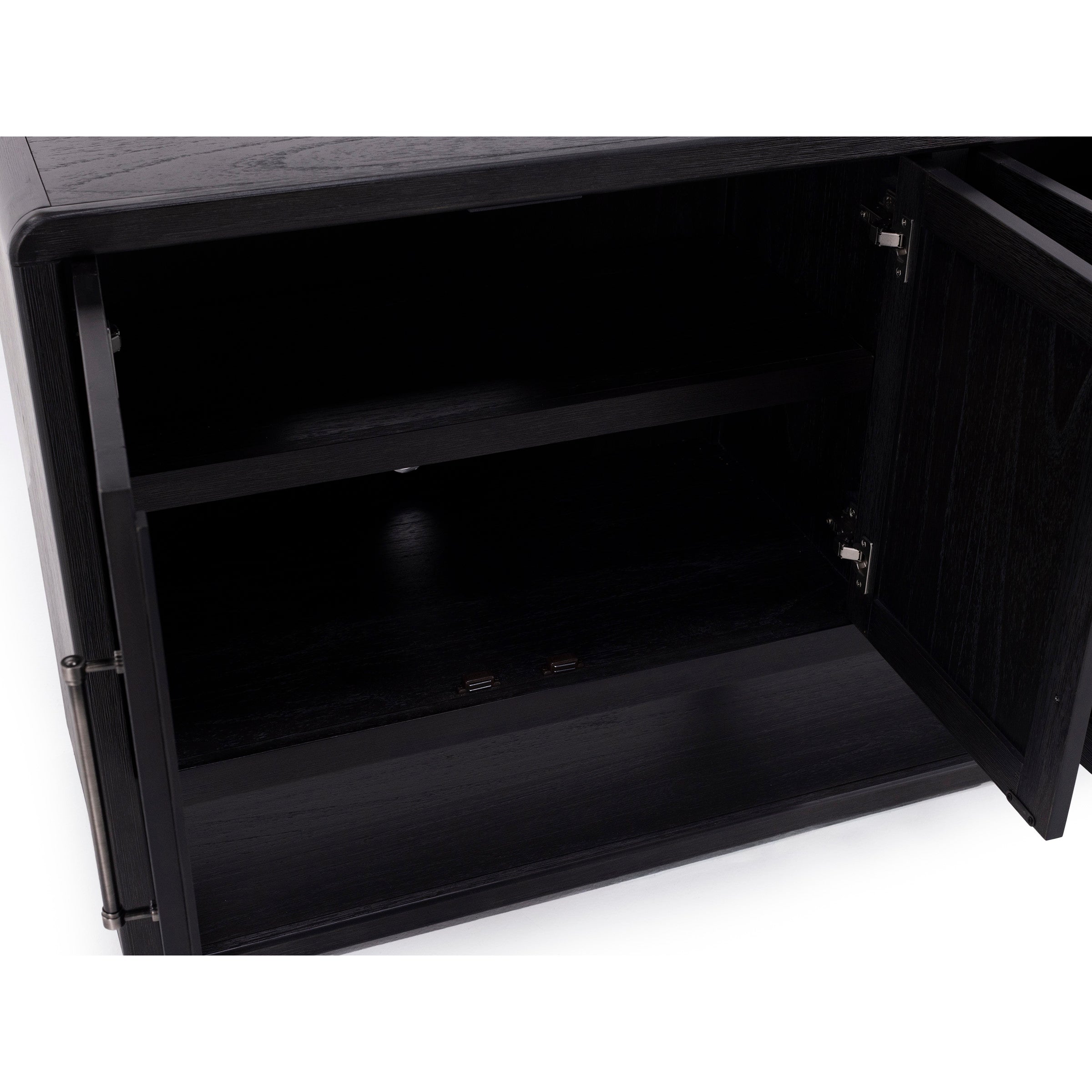 Open black cabinet with visible interior shelf.