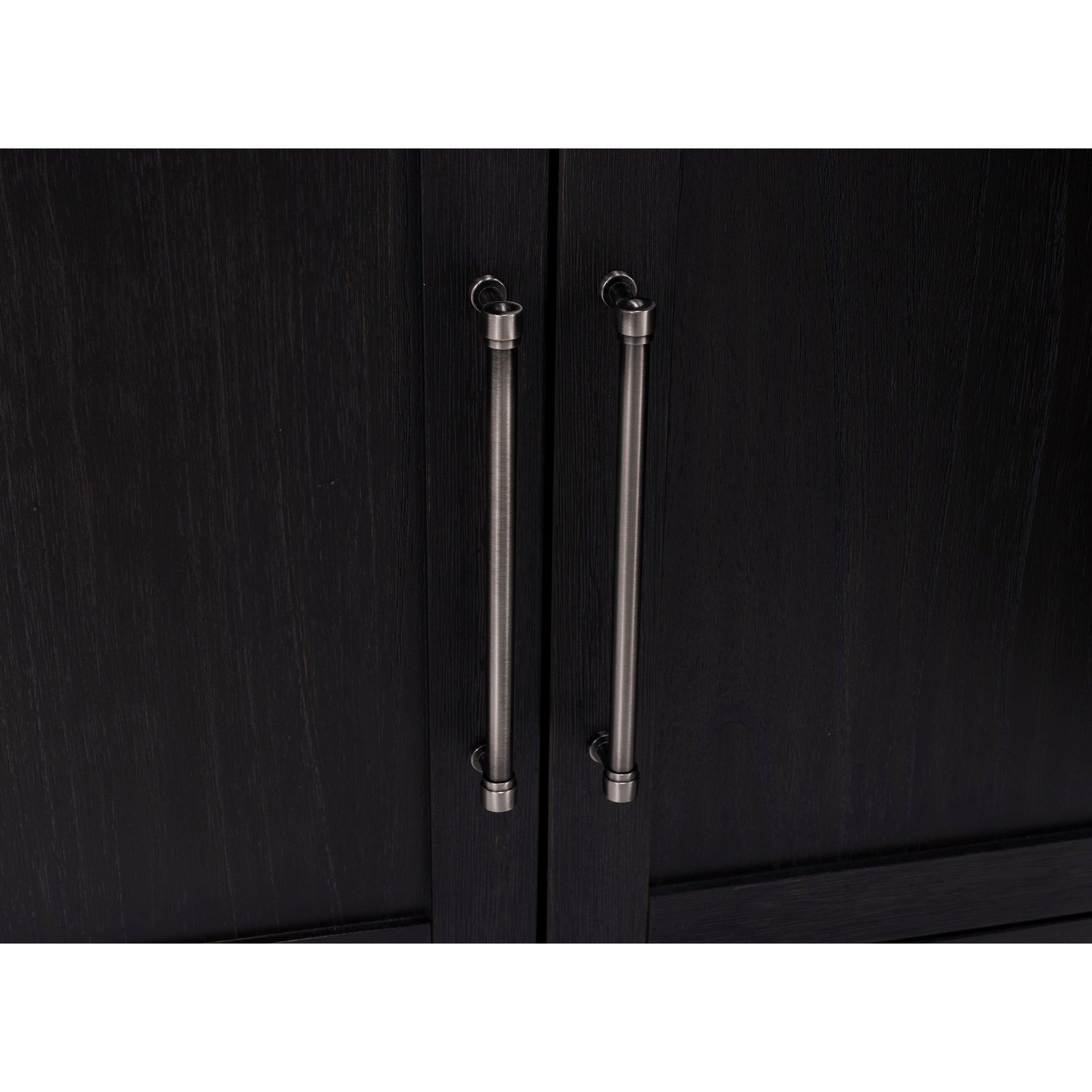Close-up of black cabinet doors with two brushed metal handles.