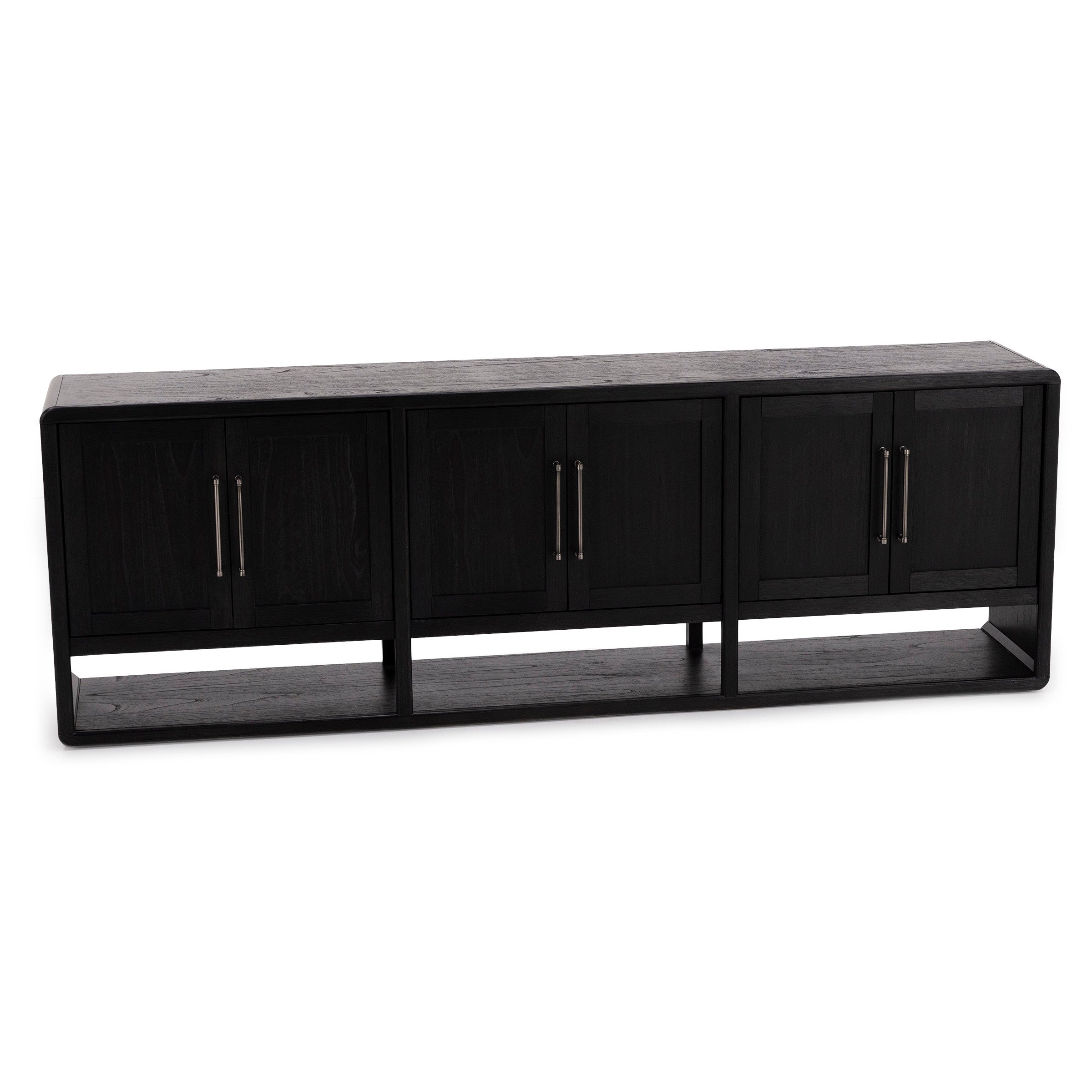 Long black wooden media console with four cabinets and open bottom shelf.