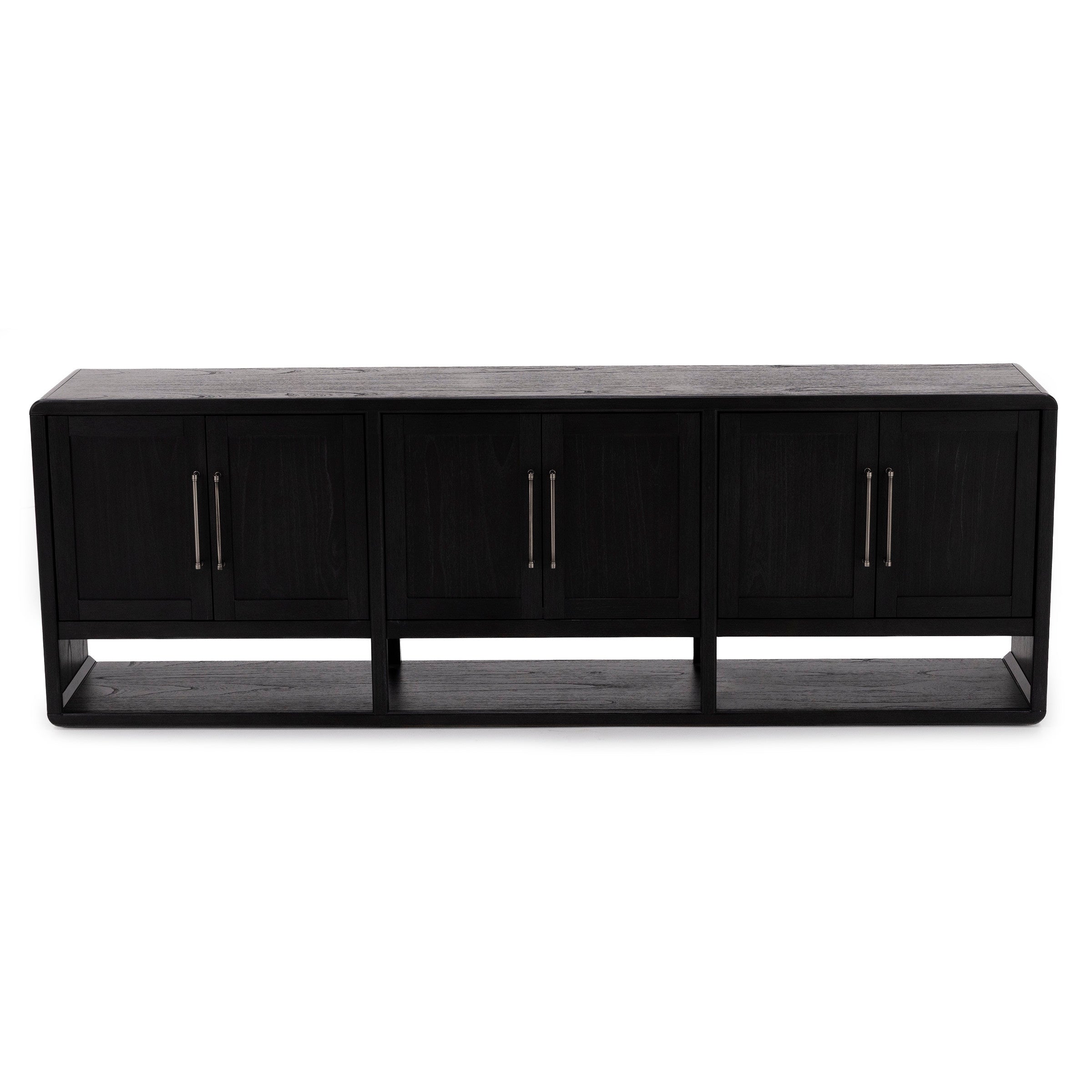 Black wood sideboard with four cabinet doors and metal handles.