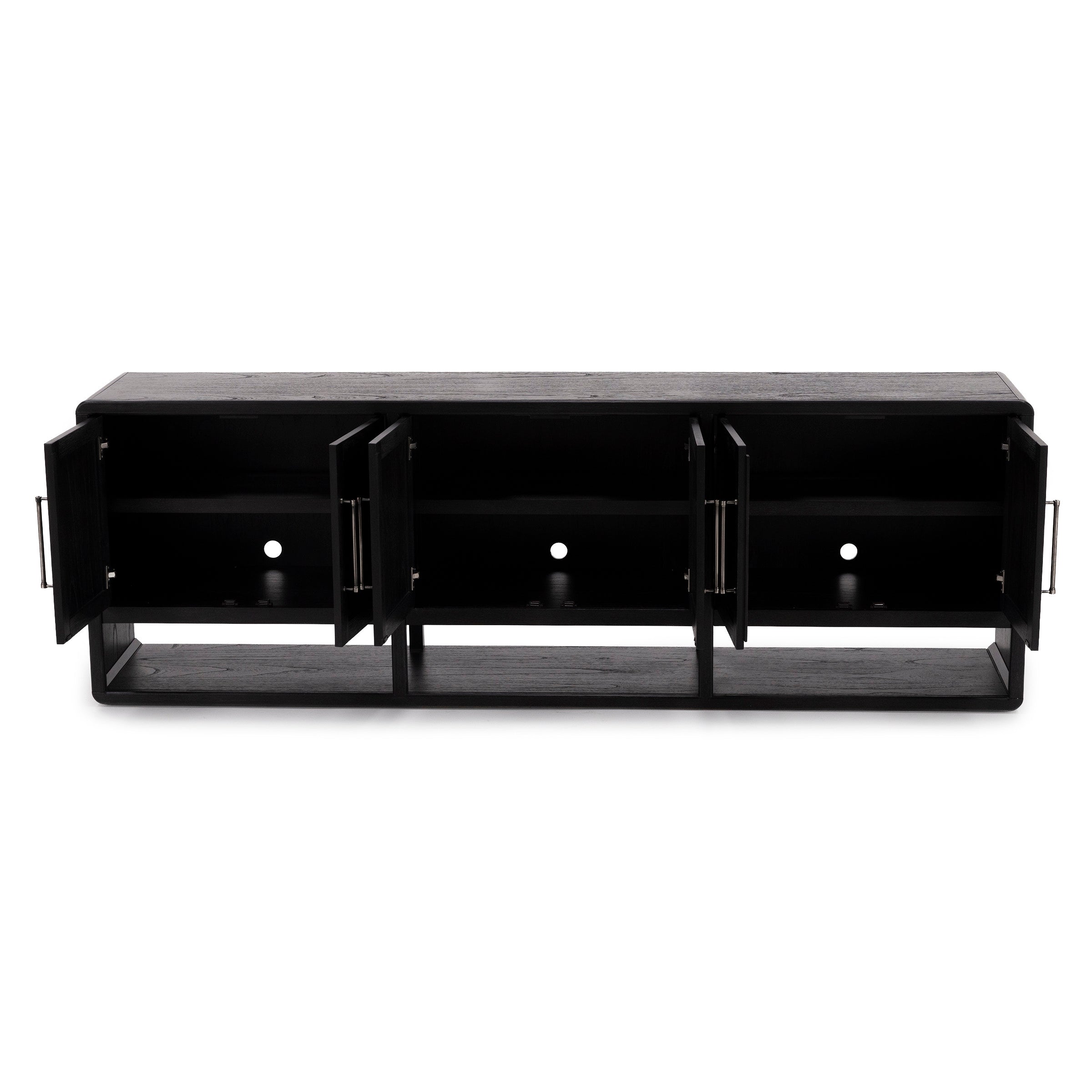 Black media console with three open cabinet doors and cable management holes.