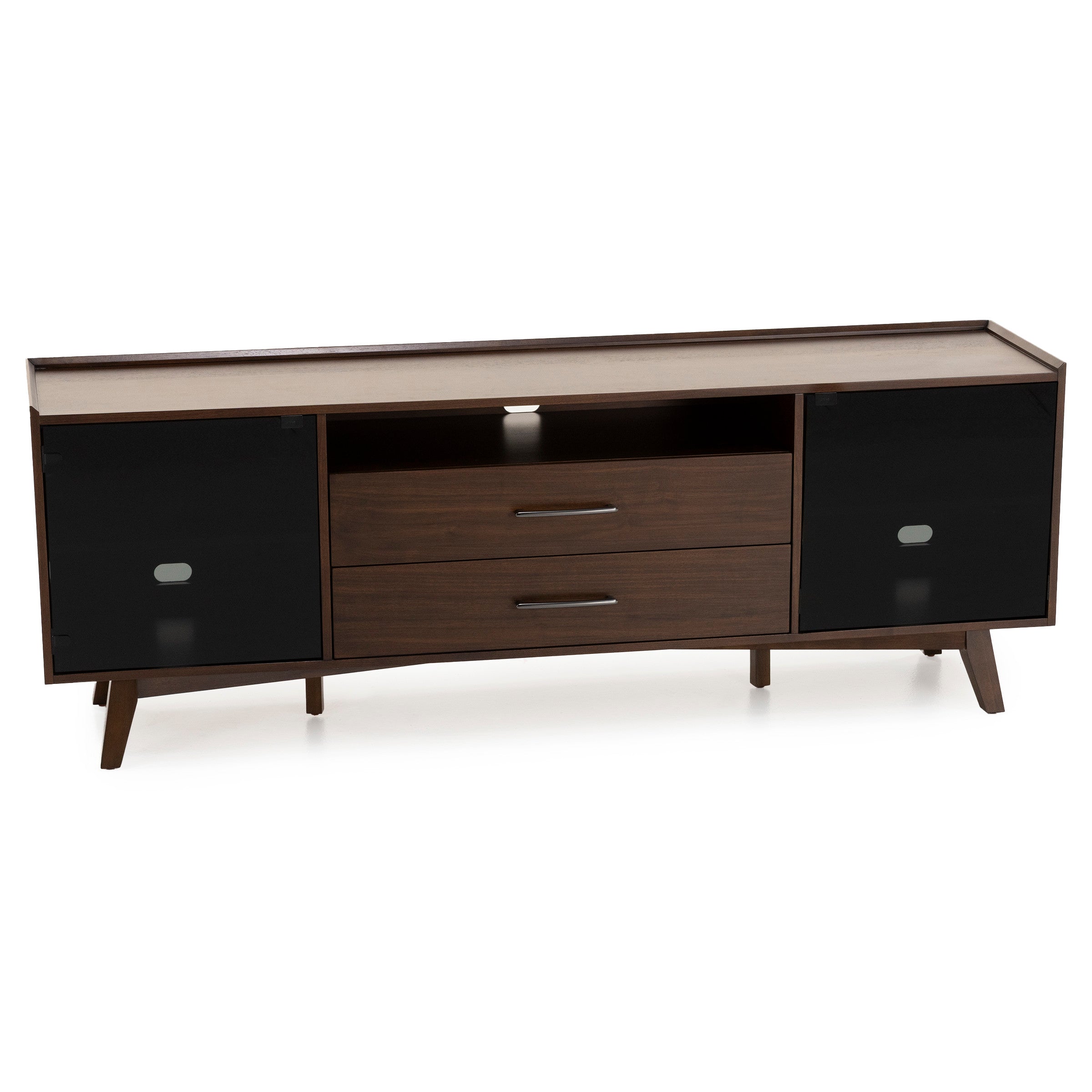 Mid-century modern TV stand with two drawers, open shelf, and black glass doors.