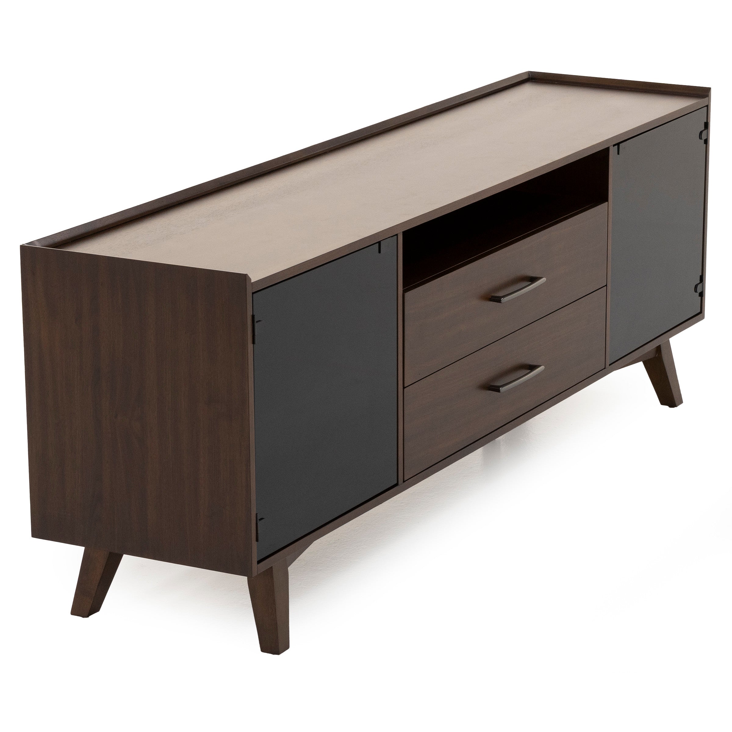 Mid-century modern sideboard with two black doors, two drawers, and open shelf in walnut finish.