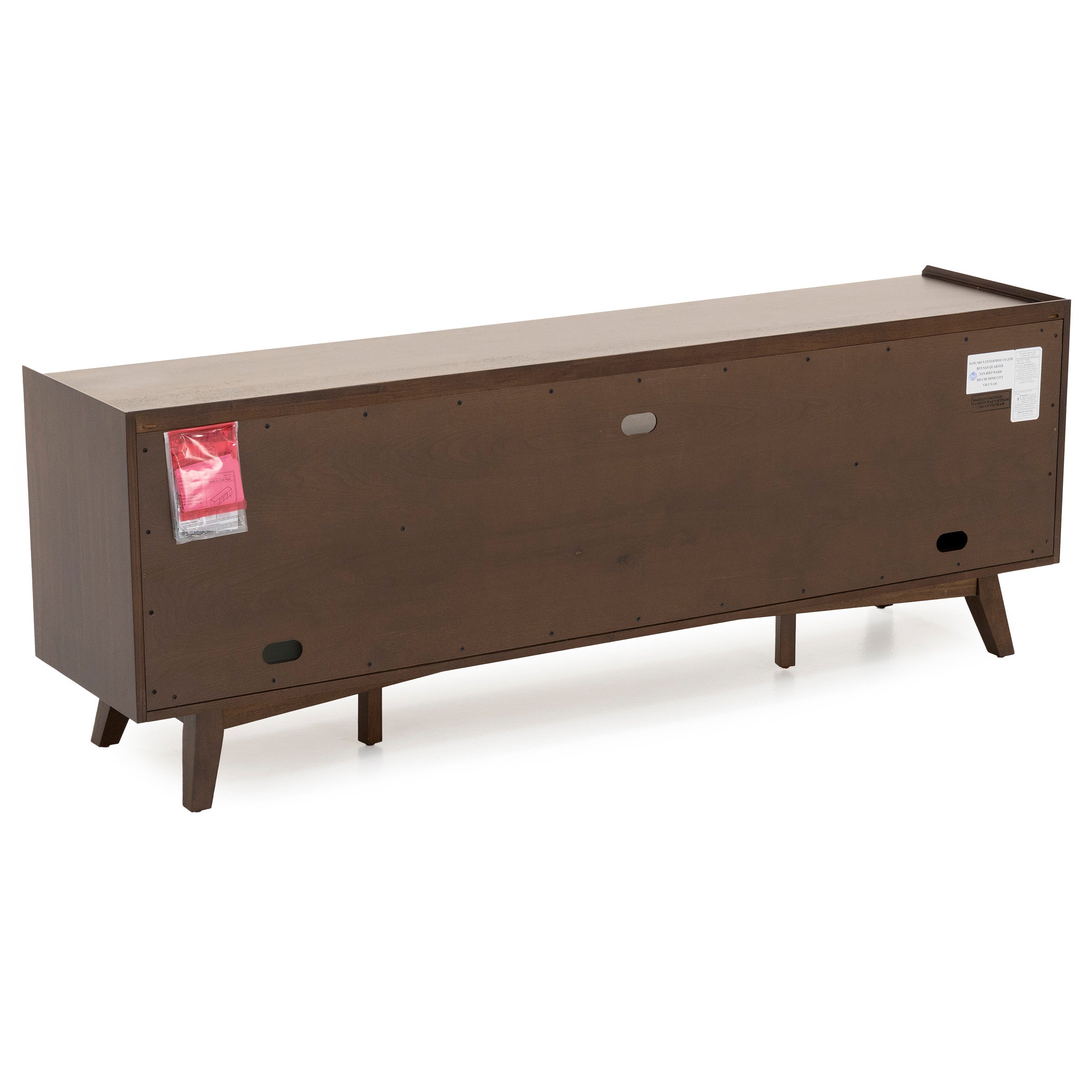 Rear view of a long, mid-century modern wooden console table with angled legs.