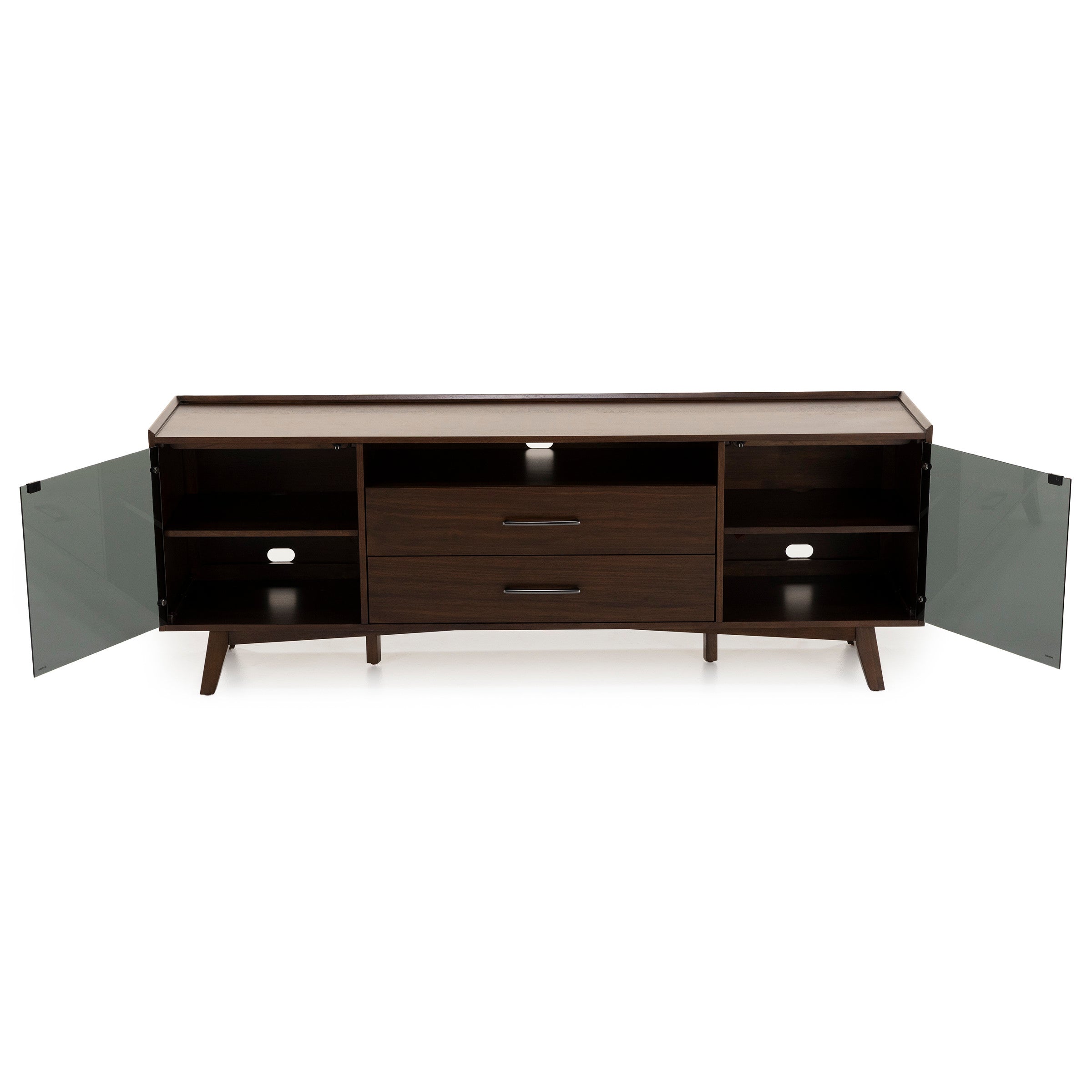 Mid-century modern TV stand with open shelves, two drawers, and glass doors open.