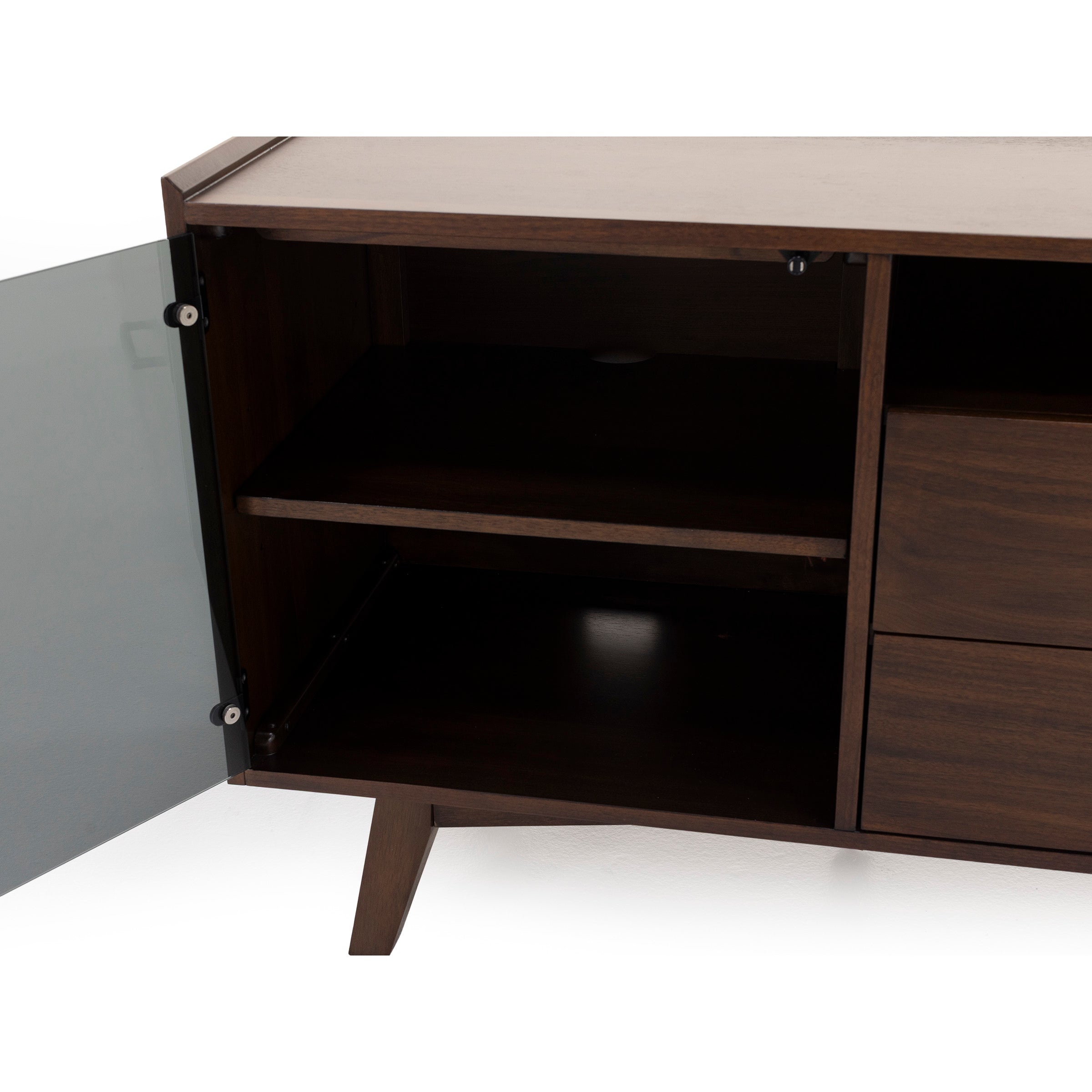 Open cabinet with wooden shelf, shown empty for storage space visibility.