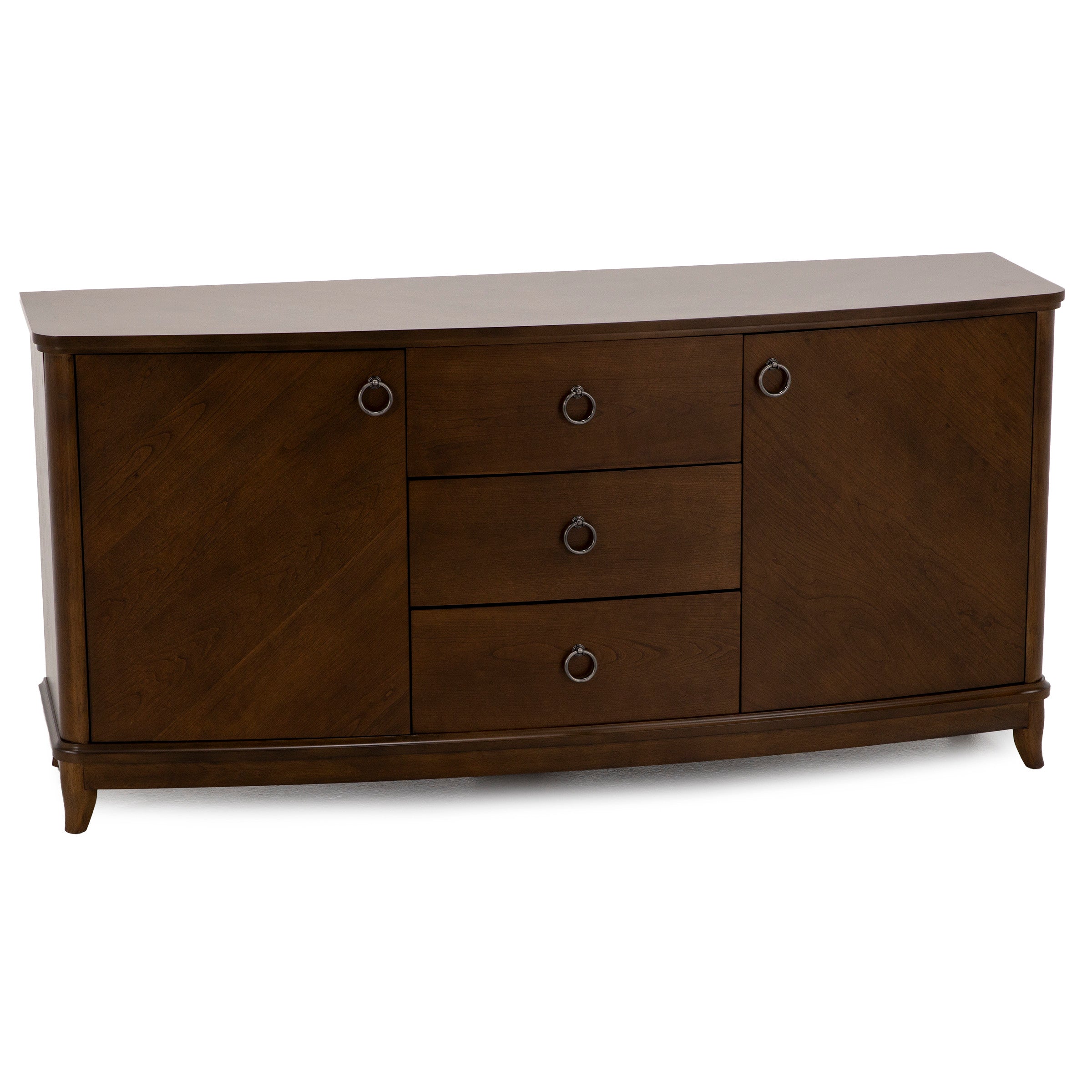 Dark wood sideboard with three center drawers and two cabinet doors.
