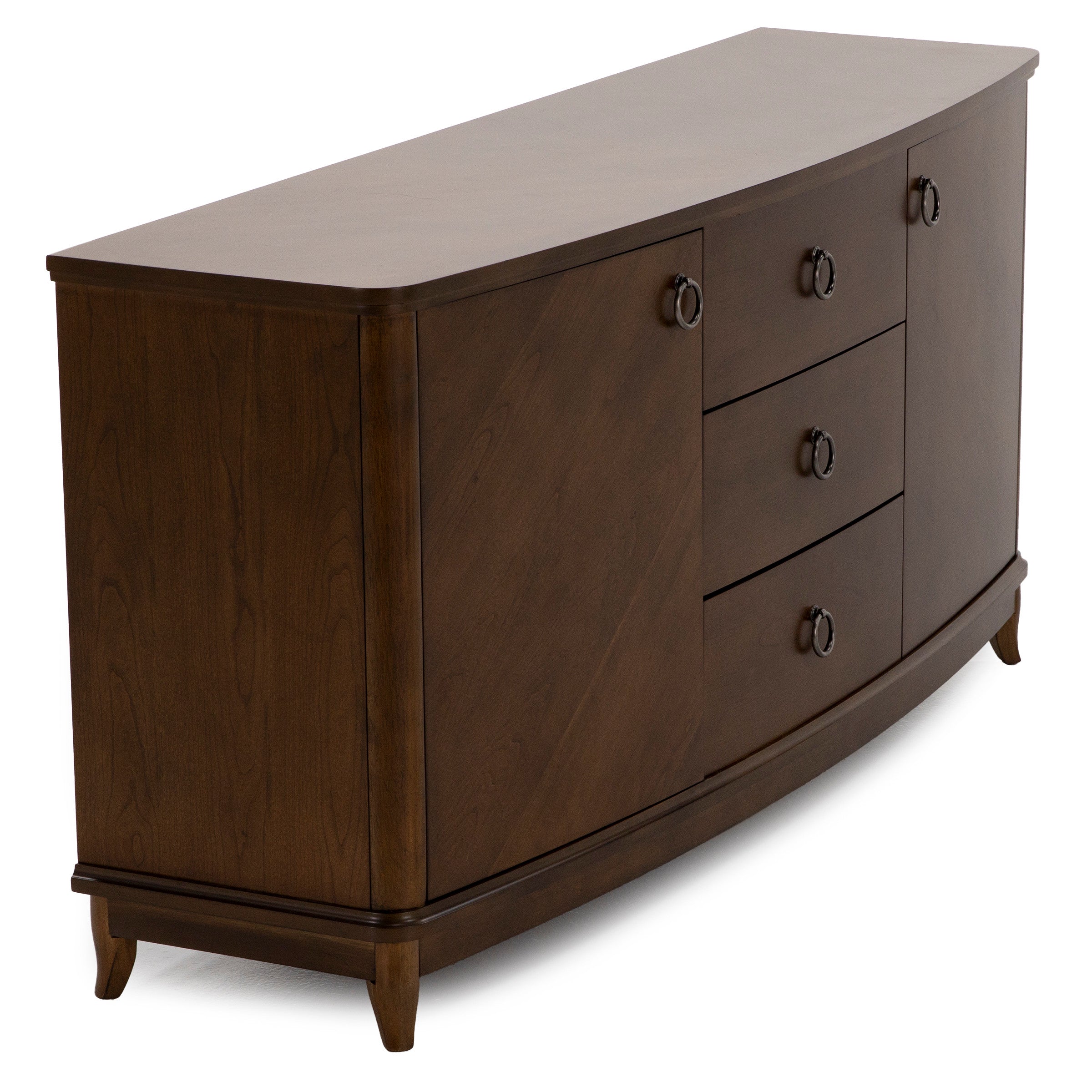 Dark wood credenza with curved front, three drawers, and two side cabinets.