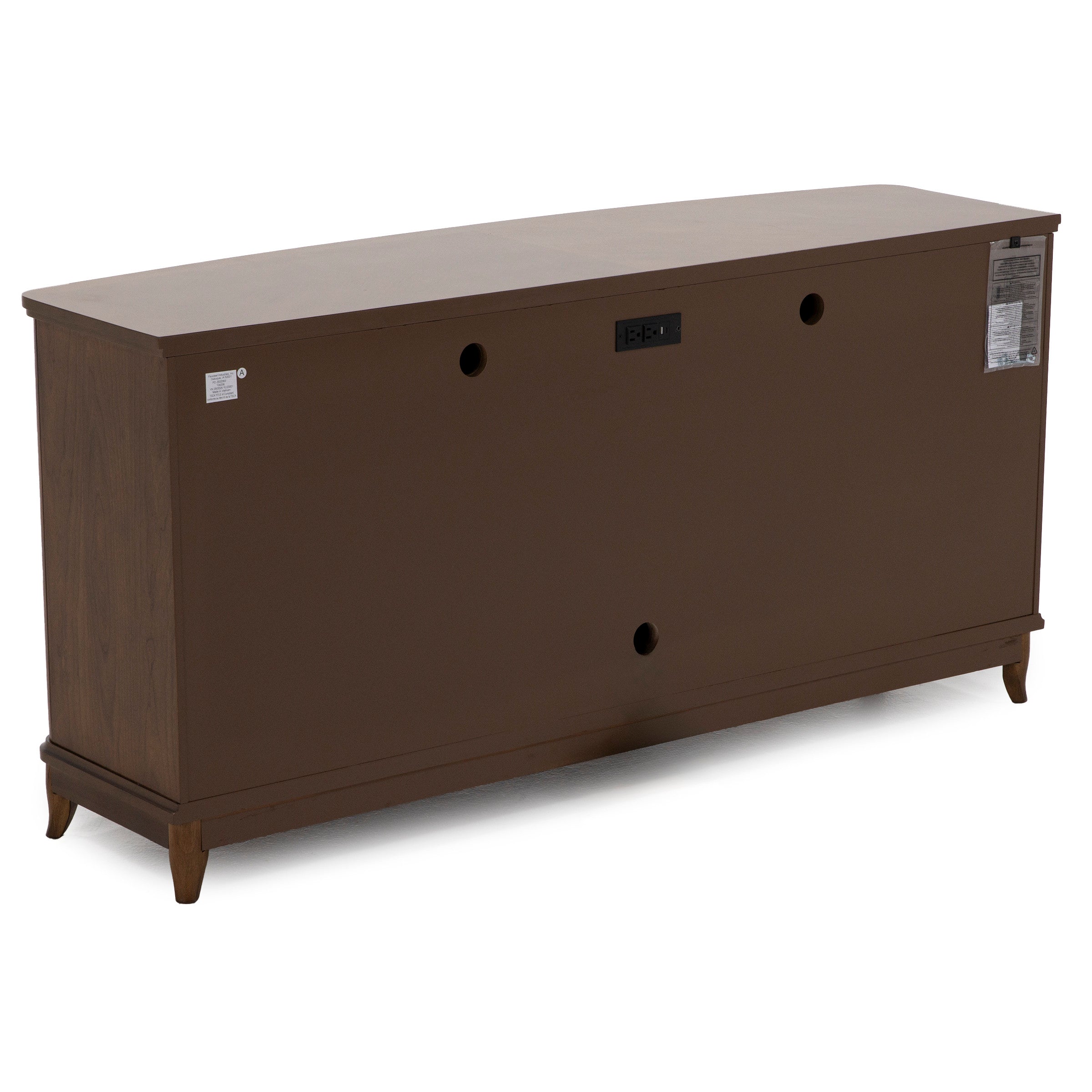 Back view of brown wood console table with power outlets and cable holes.