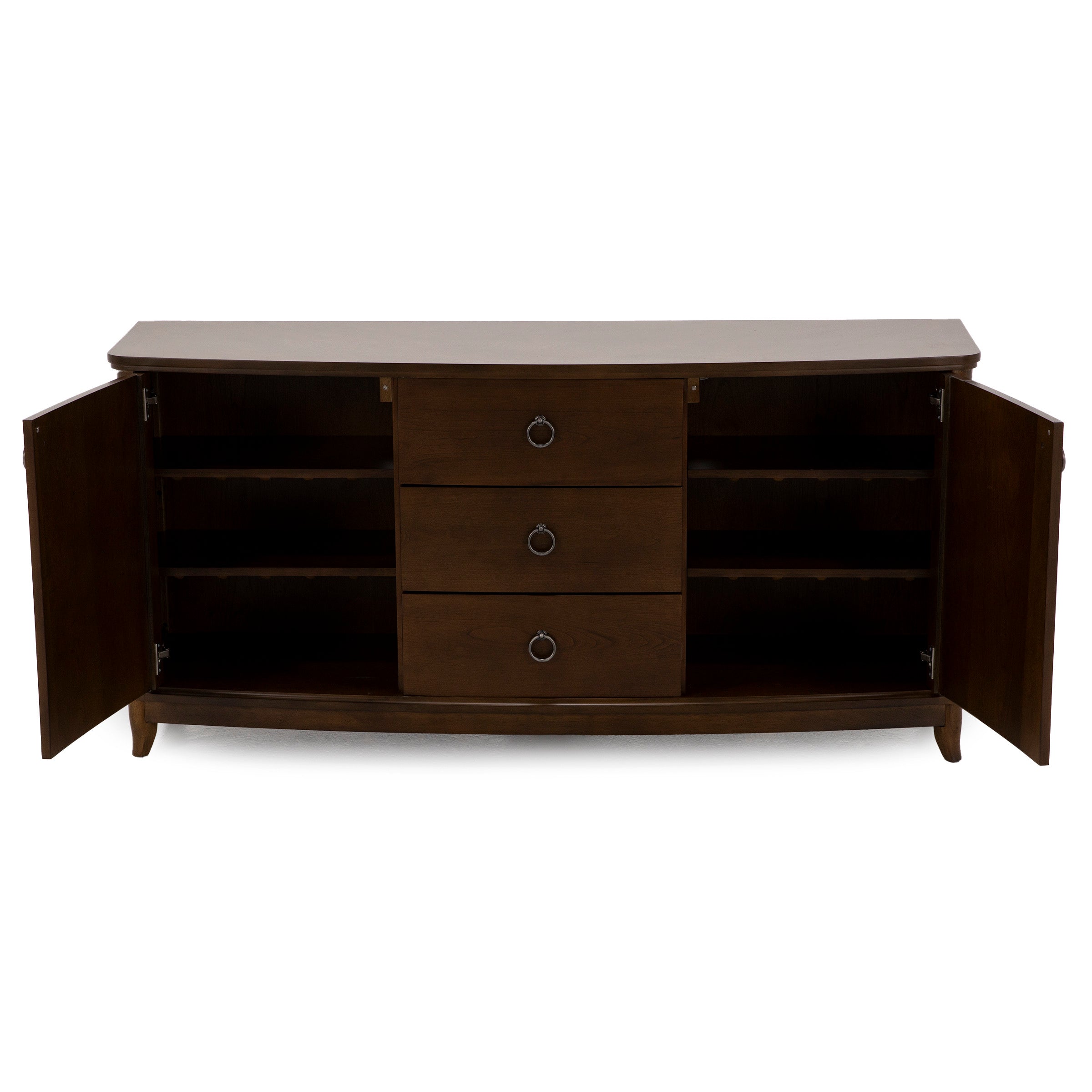 Dark wood sideboard with two open cabinet doors and three central drawers.