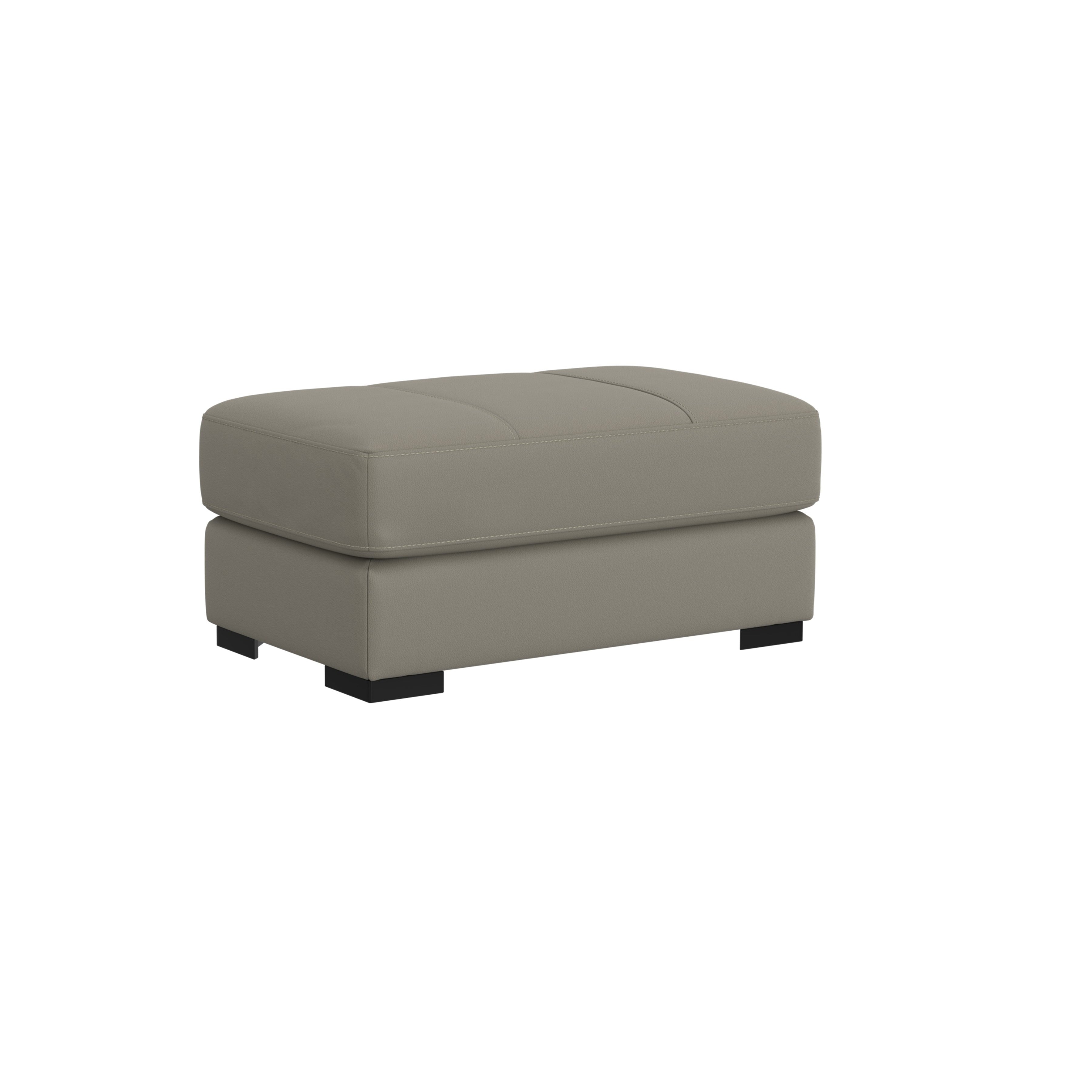 Gray upholstered ottoman with block legs, shown on a white background.