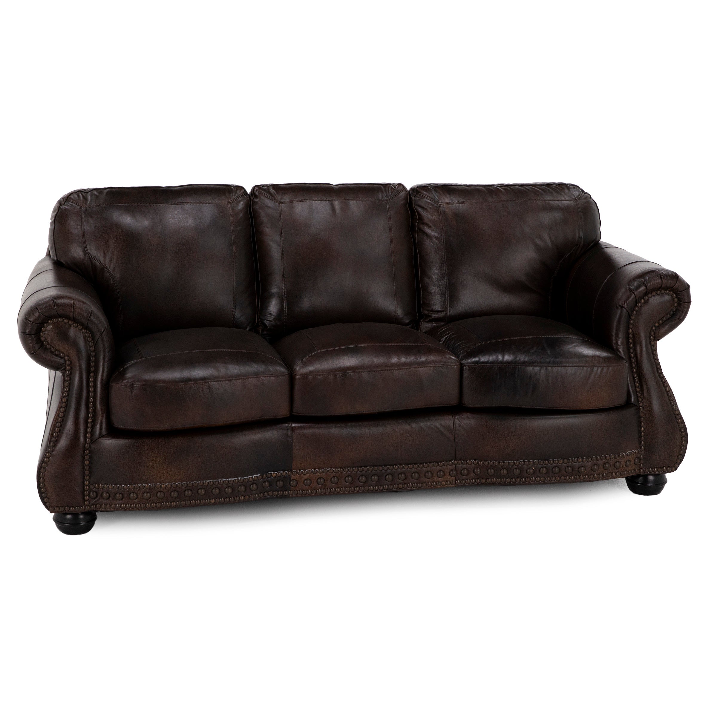 Dark brown leather sofa with rolled arms and nailhead trim.