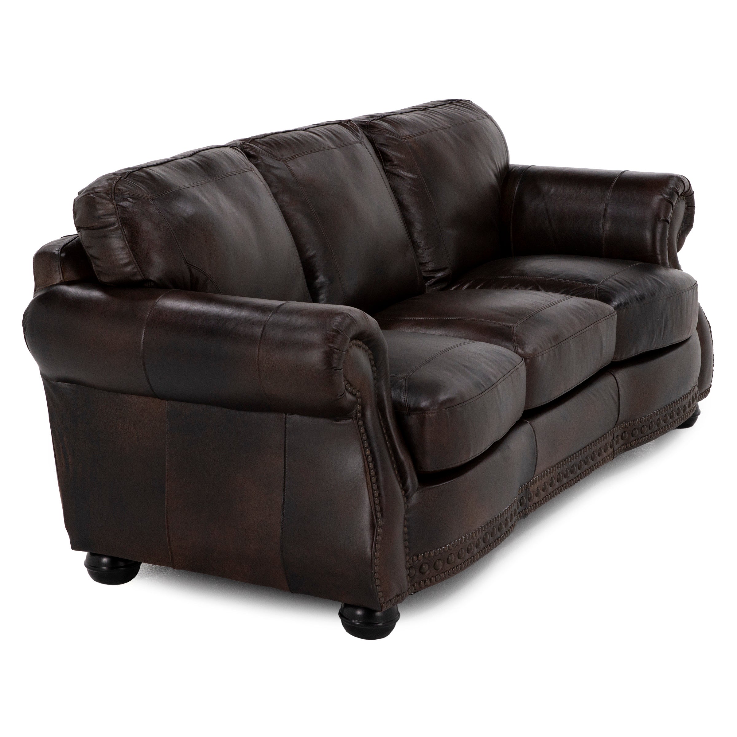 Dark brown leather sofa with rolled arms and nailhead trim on the front.