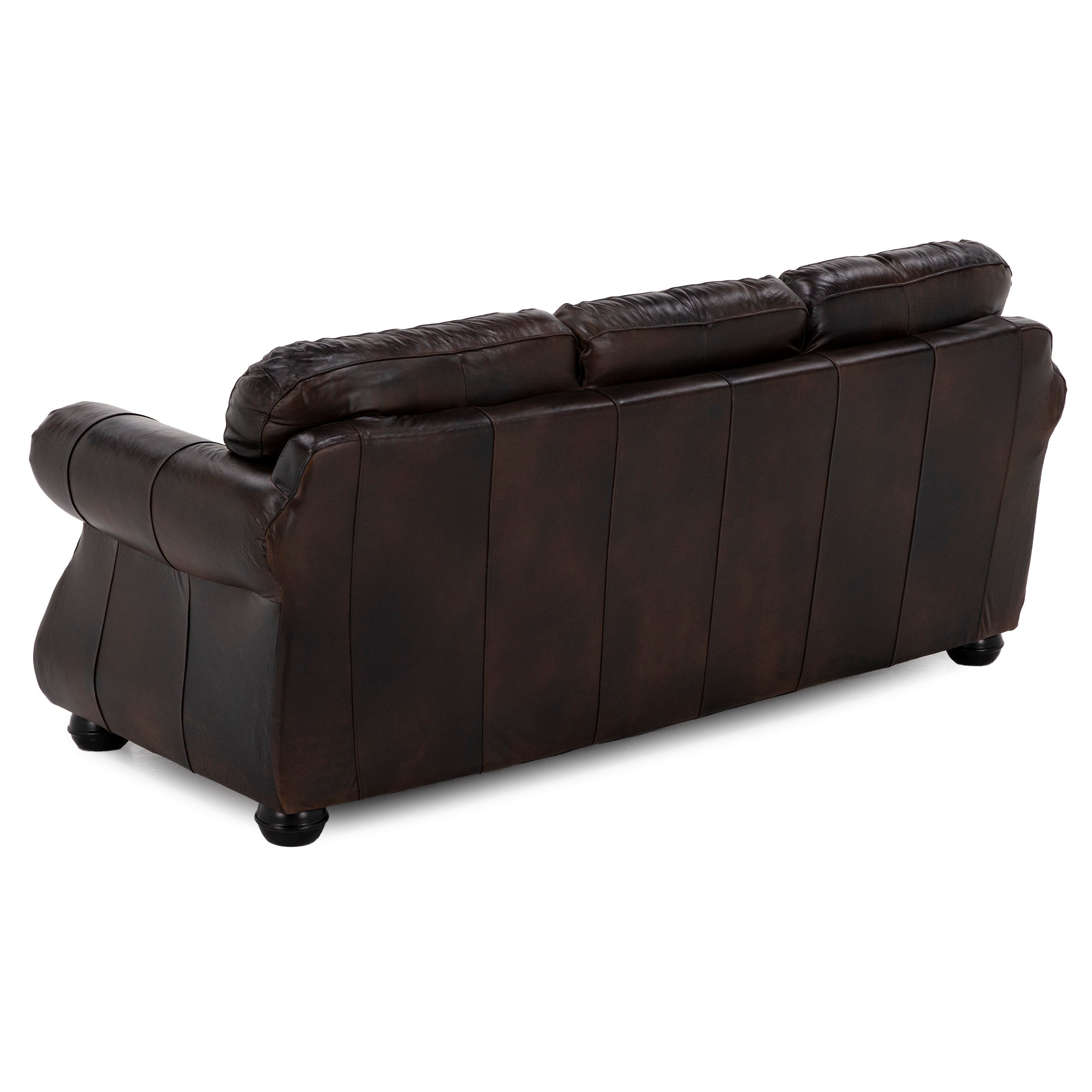 Back view of a dark brown leather sofa with plush cushioning.