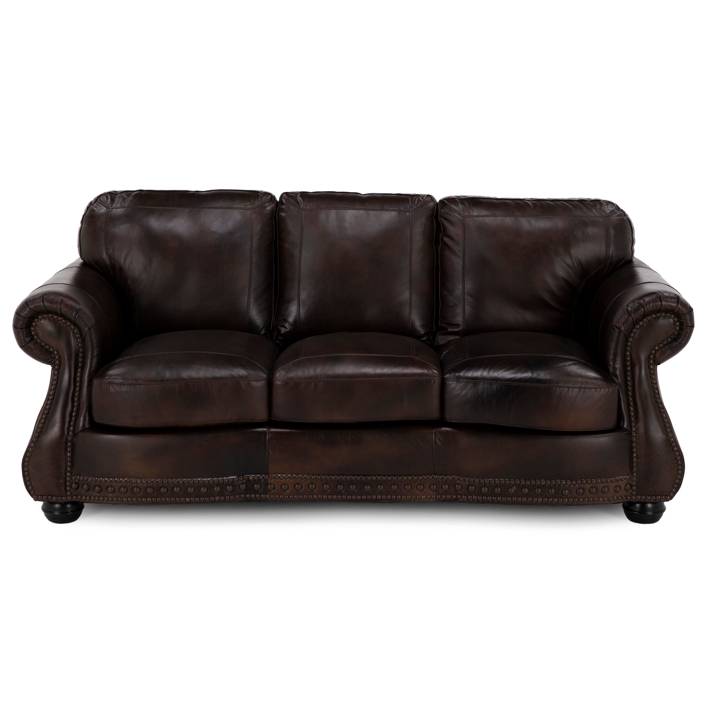 Dark brown leather sofa with rolled arms and nailhead trim.