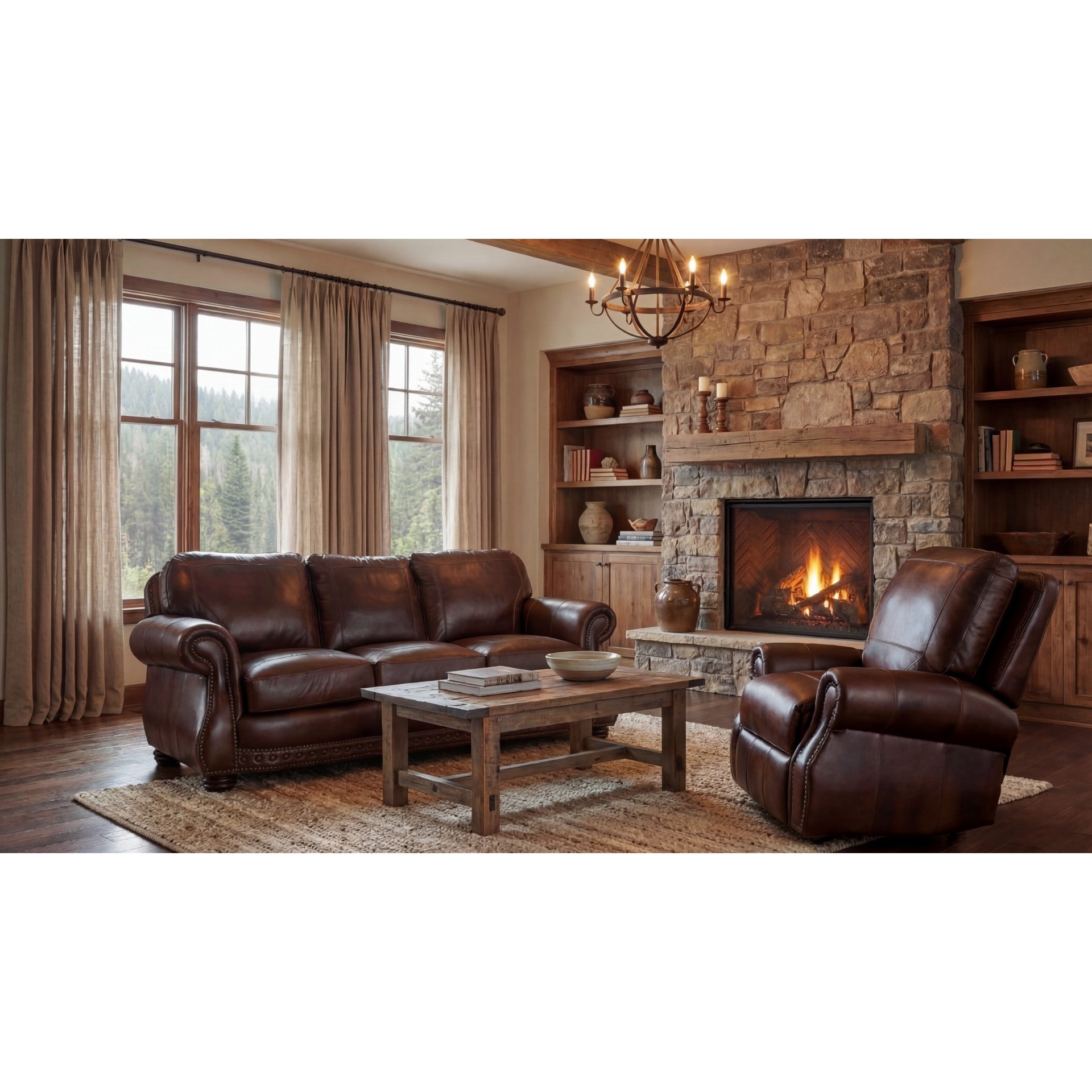Brown leather sofa and chair in a cozy living room with stone fireplace and large windows.