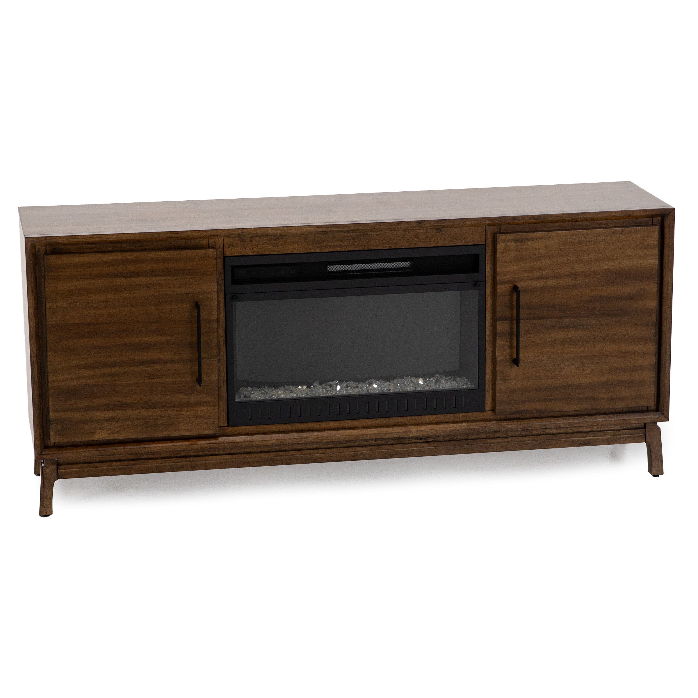 Mid-century modern wooden TV stand with electric fireplace insert and two side cabinets.