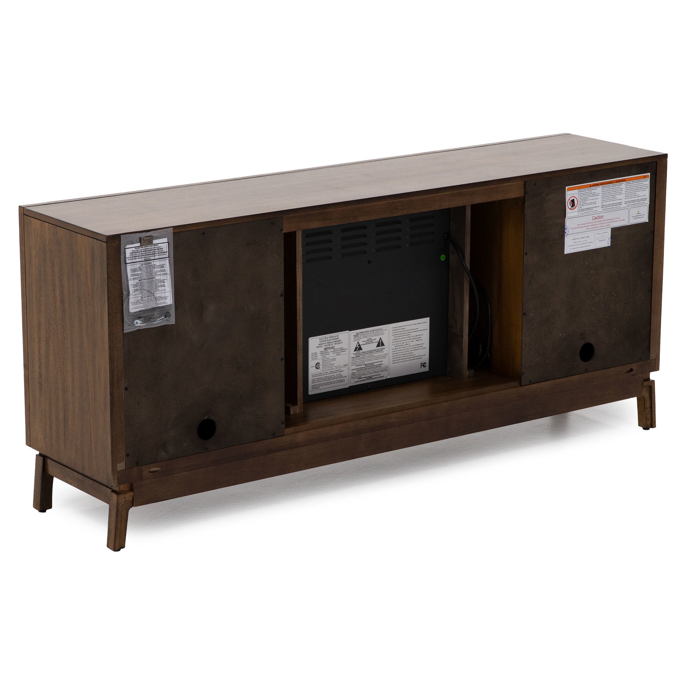 Back view of a wooden TV stand showing power panel and cord management openings.