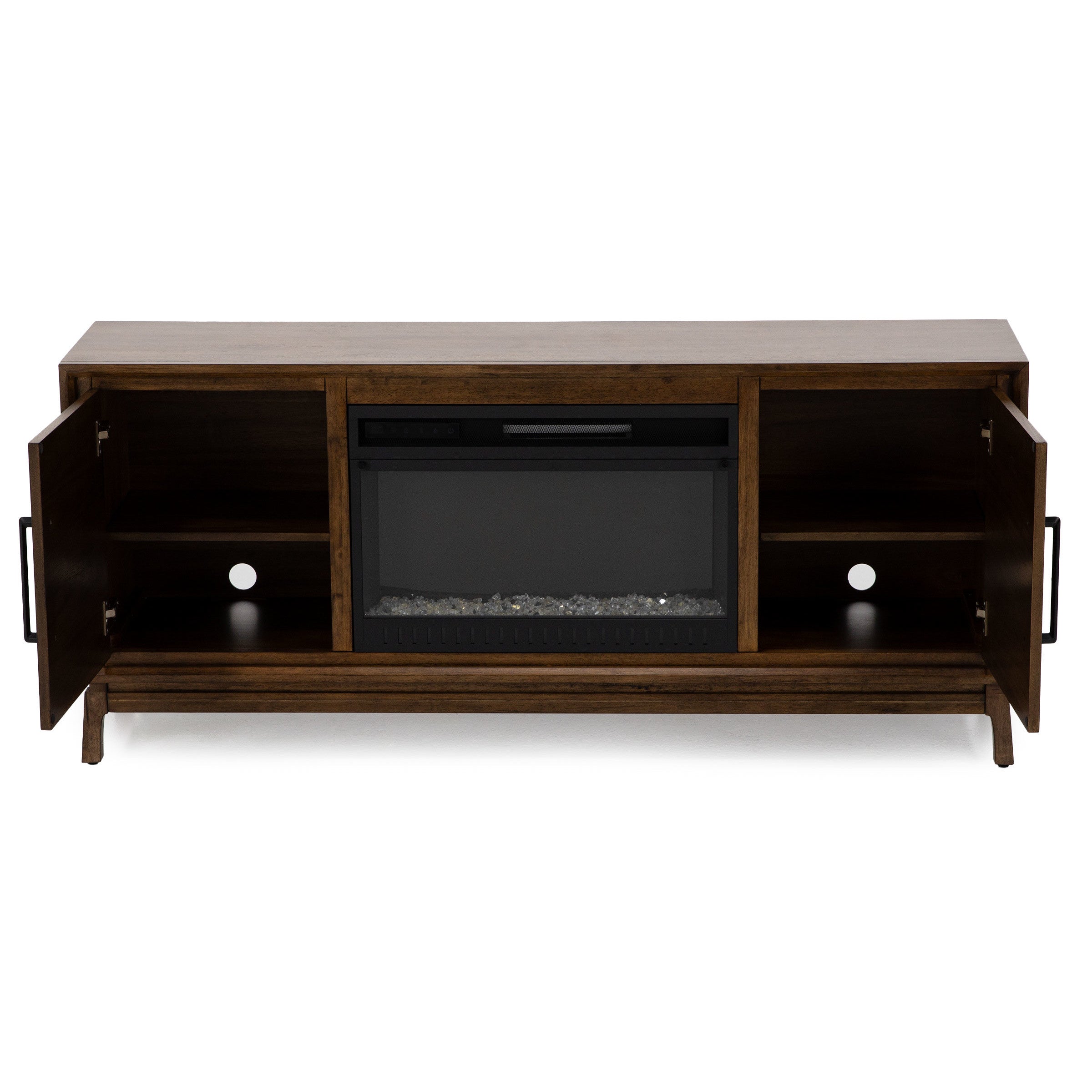 Brown TV stand with fireplace insert, two open cabinets with doors, and rear cable holes.