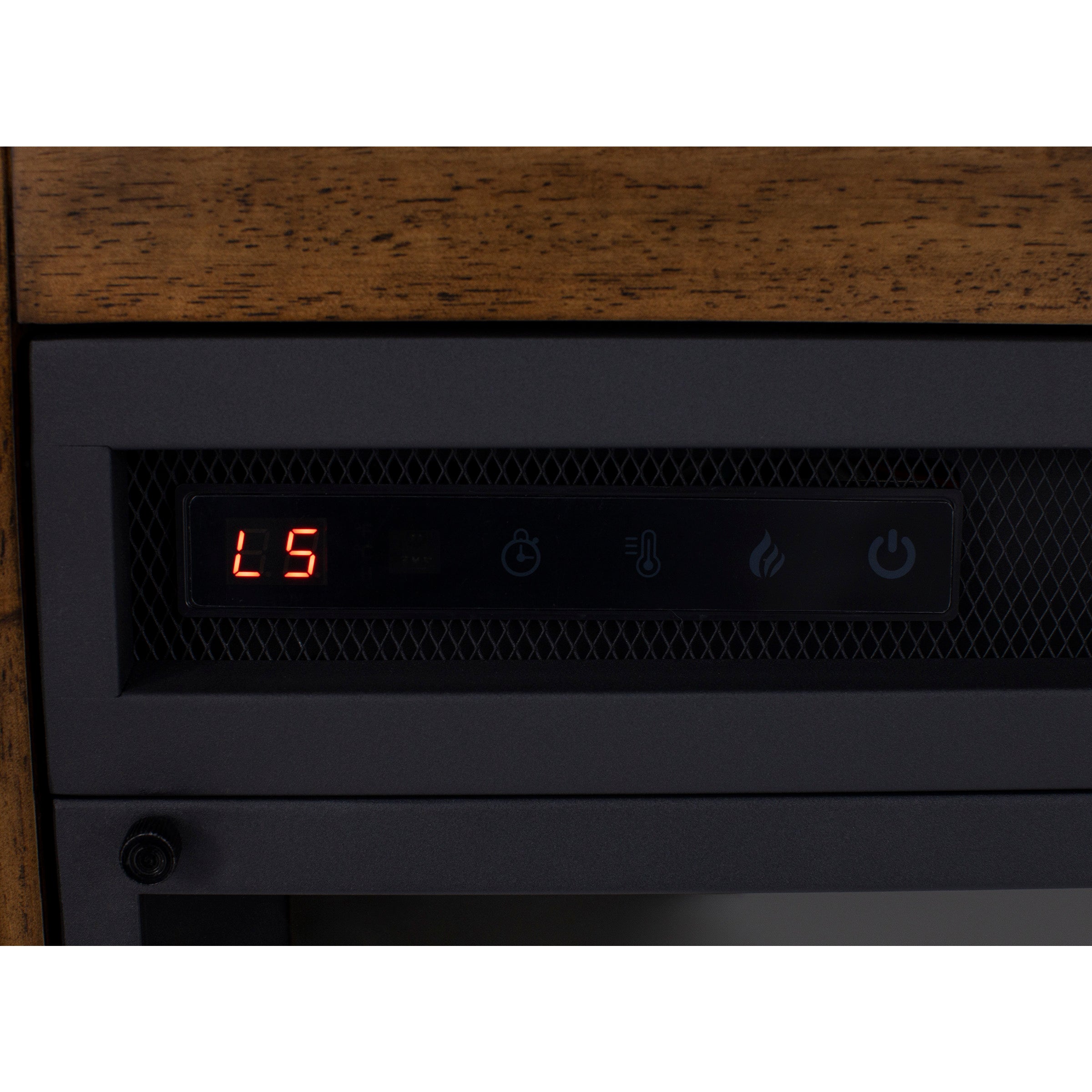 Closeup of an electronic fireplace control panel displaying L5 on a digital screen.