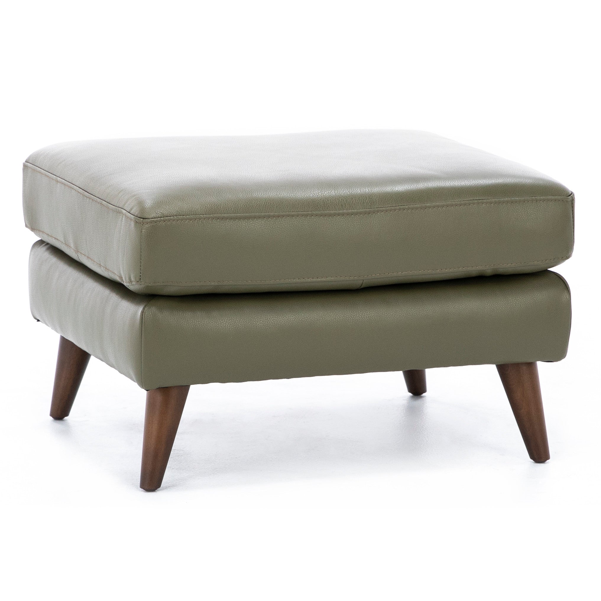 Olive green ottoman with wooden legs.