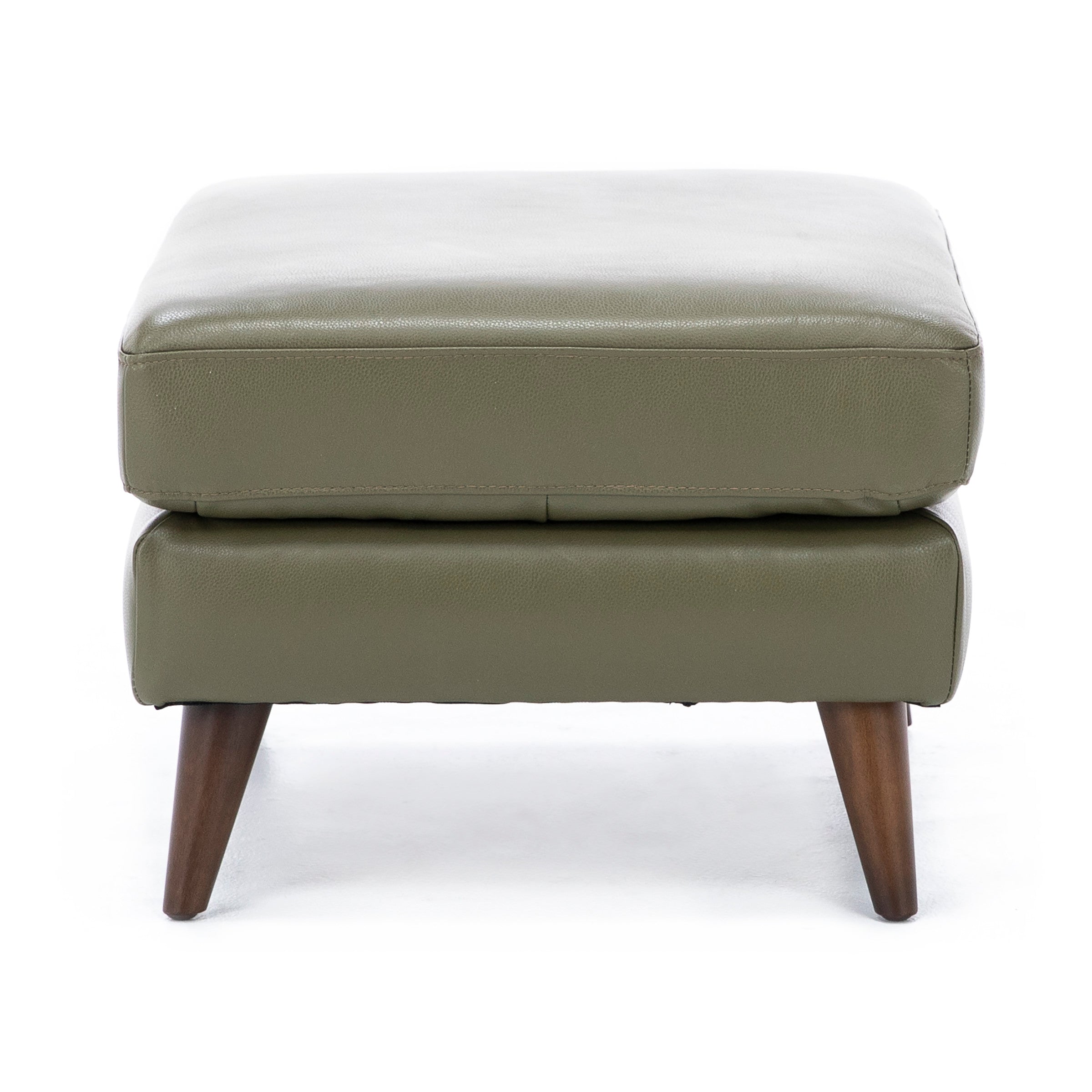 Olive green ottoman with wooden legs, viewed from the front.