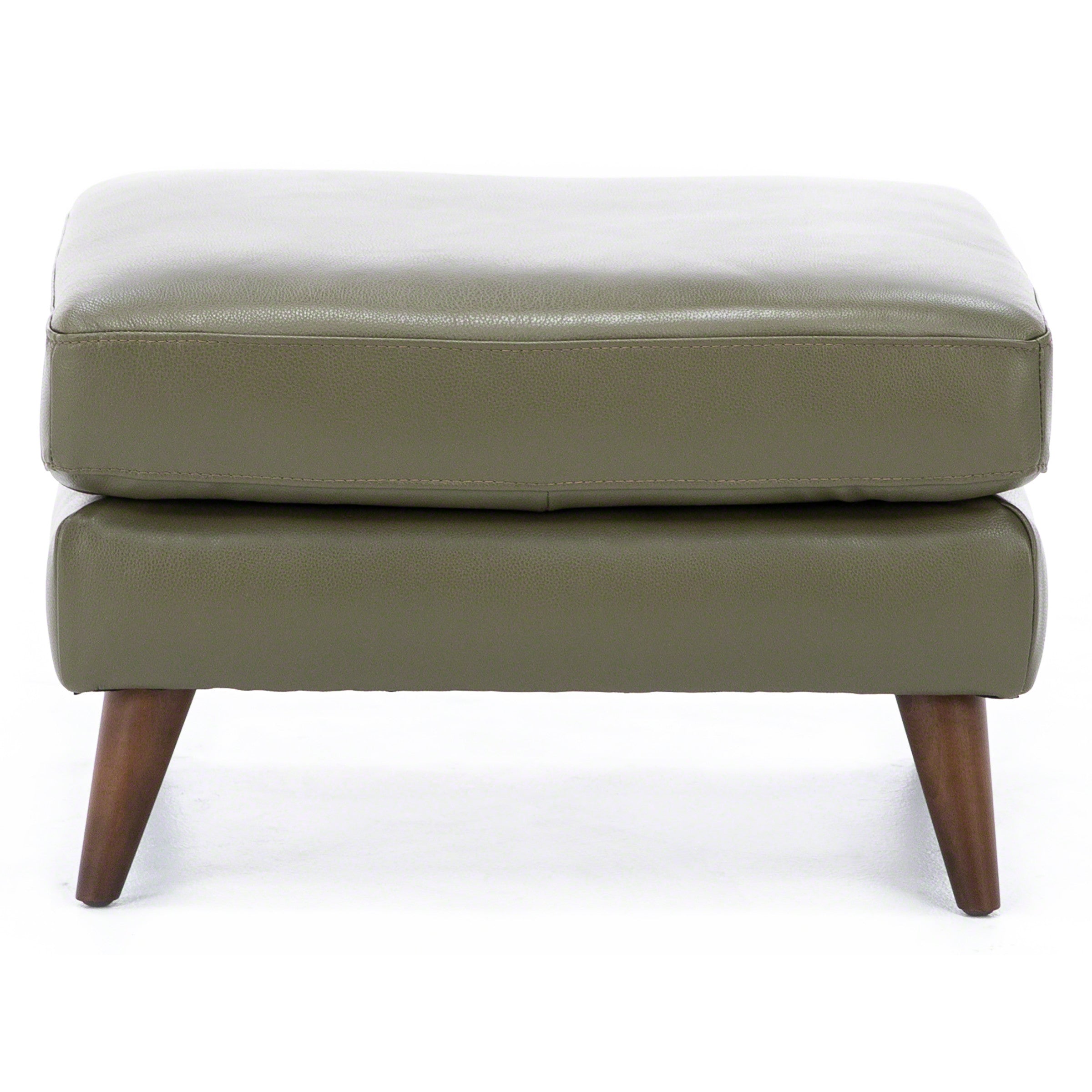 Olive green ottoman with wooden legs, shown from the front.