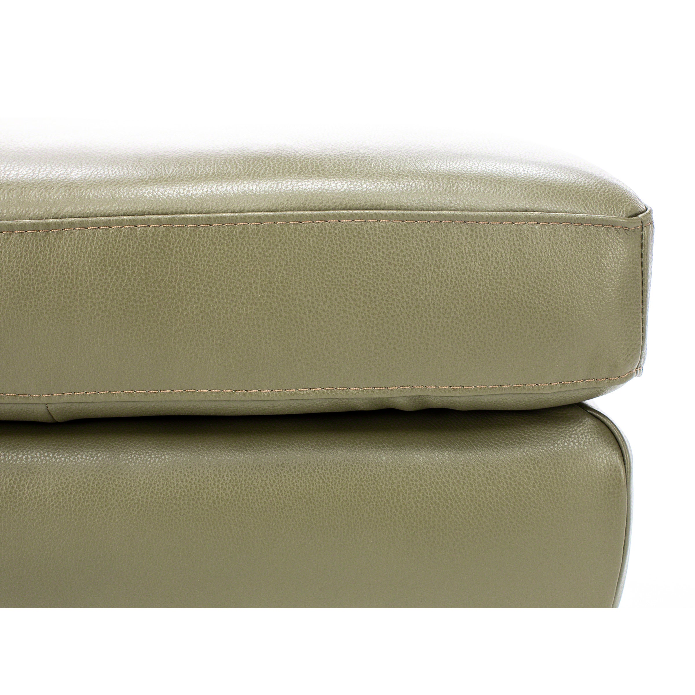 Close-up of a light olive leather seat cushion with visible stitching.