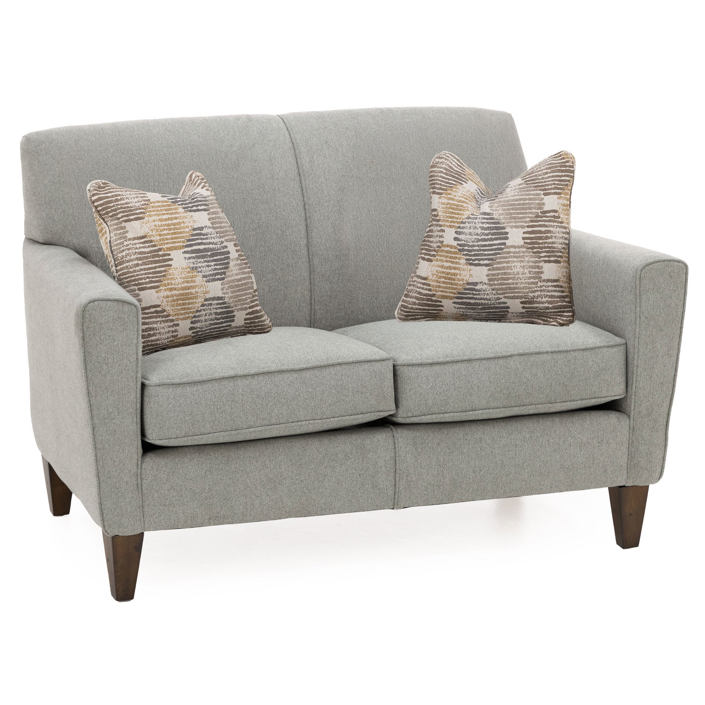 Gray loveseat with two patterned accent pillows.