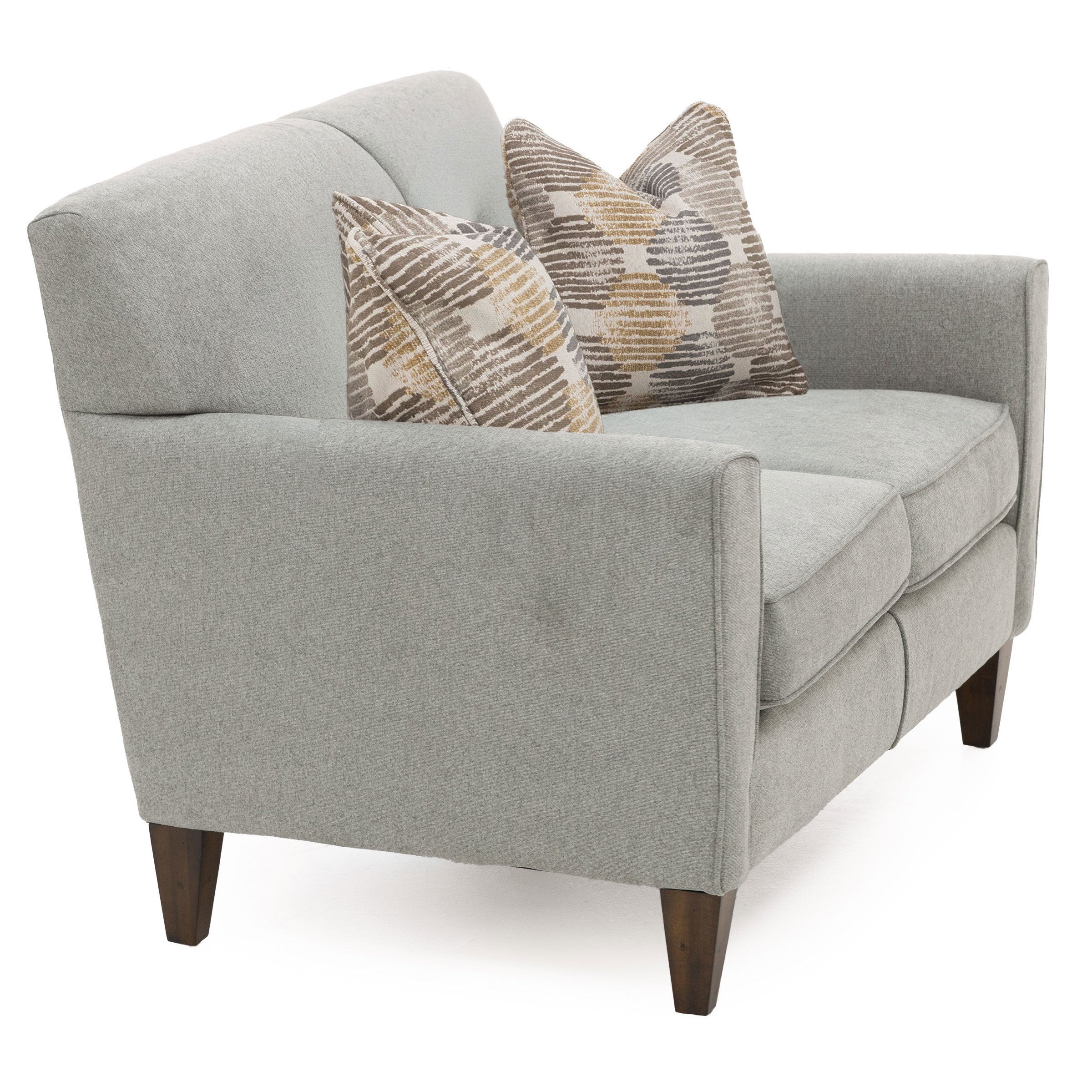 Light gray loveseat with two patterned throw pillows and dark wooden legs.