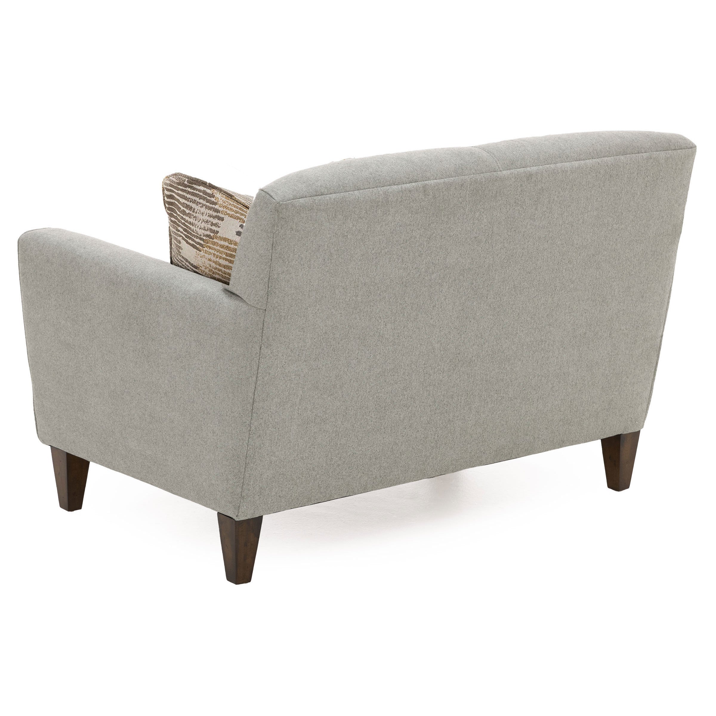 Back view of a light gray upholstered loveseat with wood legs and a patterned accent pillow.