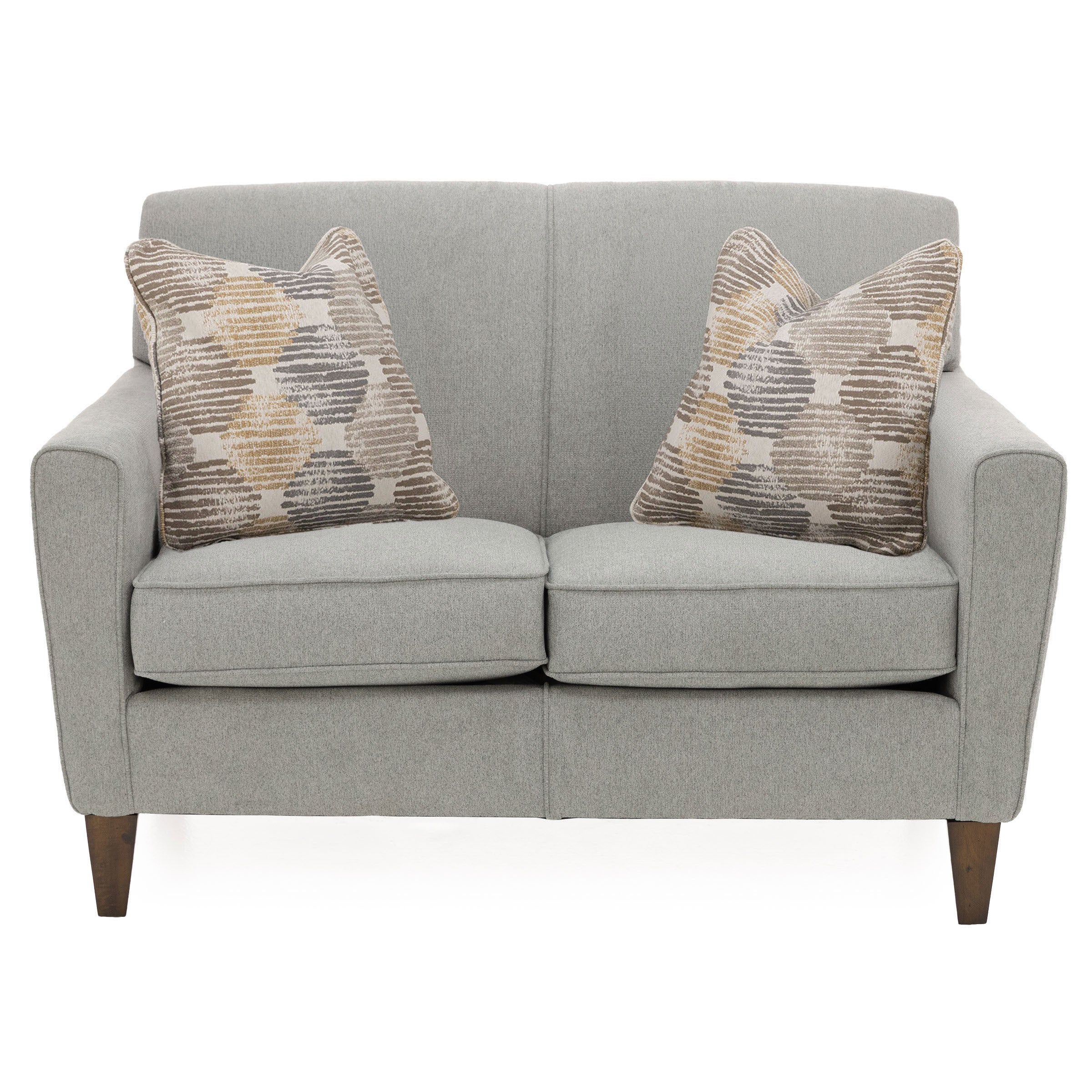 Light gray loveseat with two patterned throw pillows, front view.