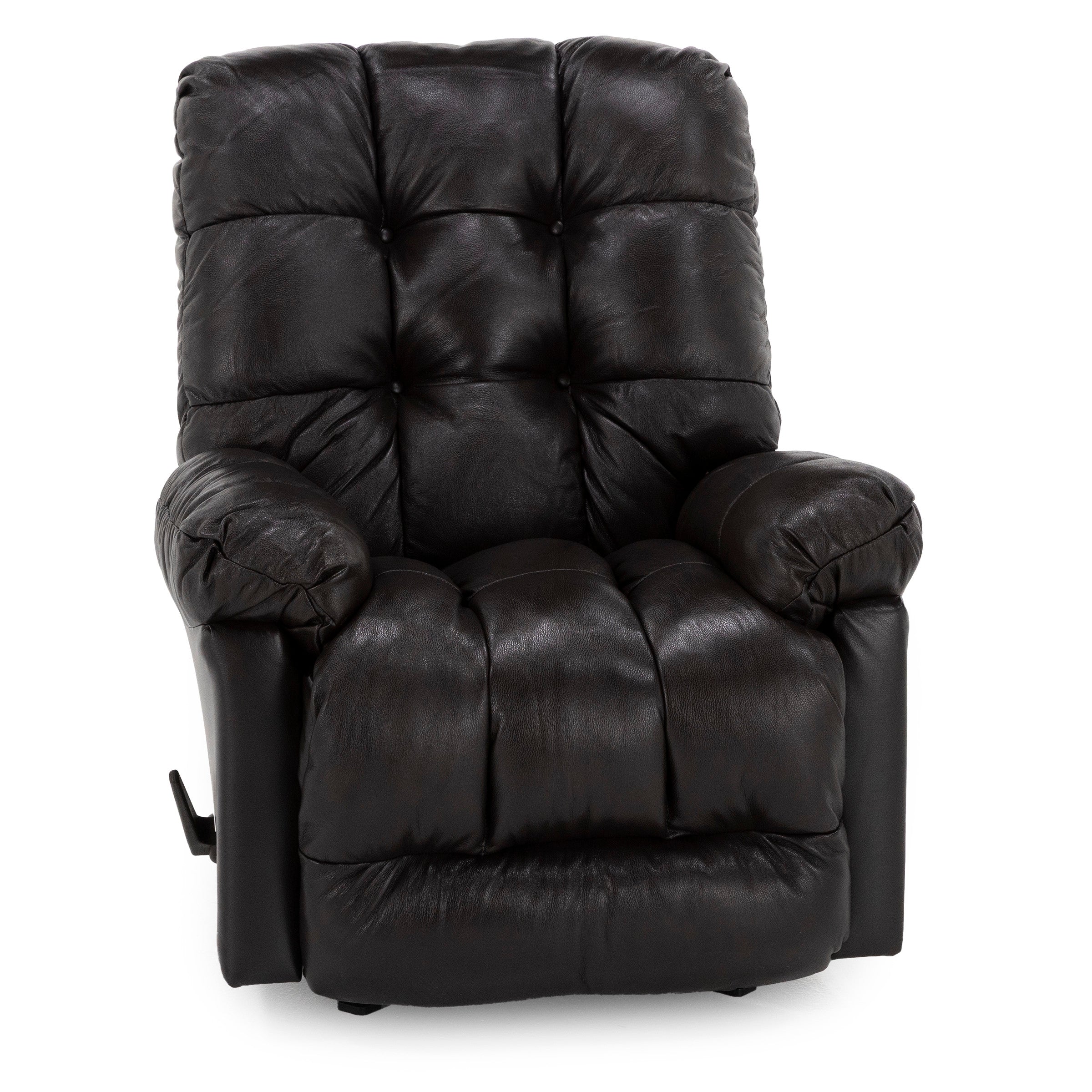 Black leather recliner chair with plush, tufted cushions.