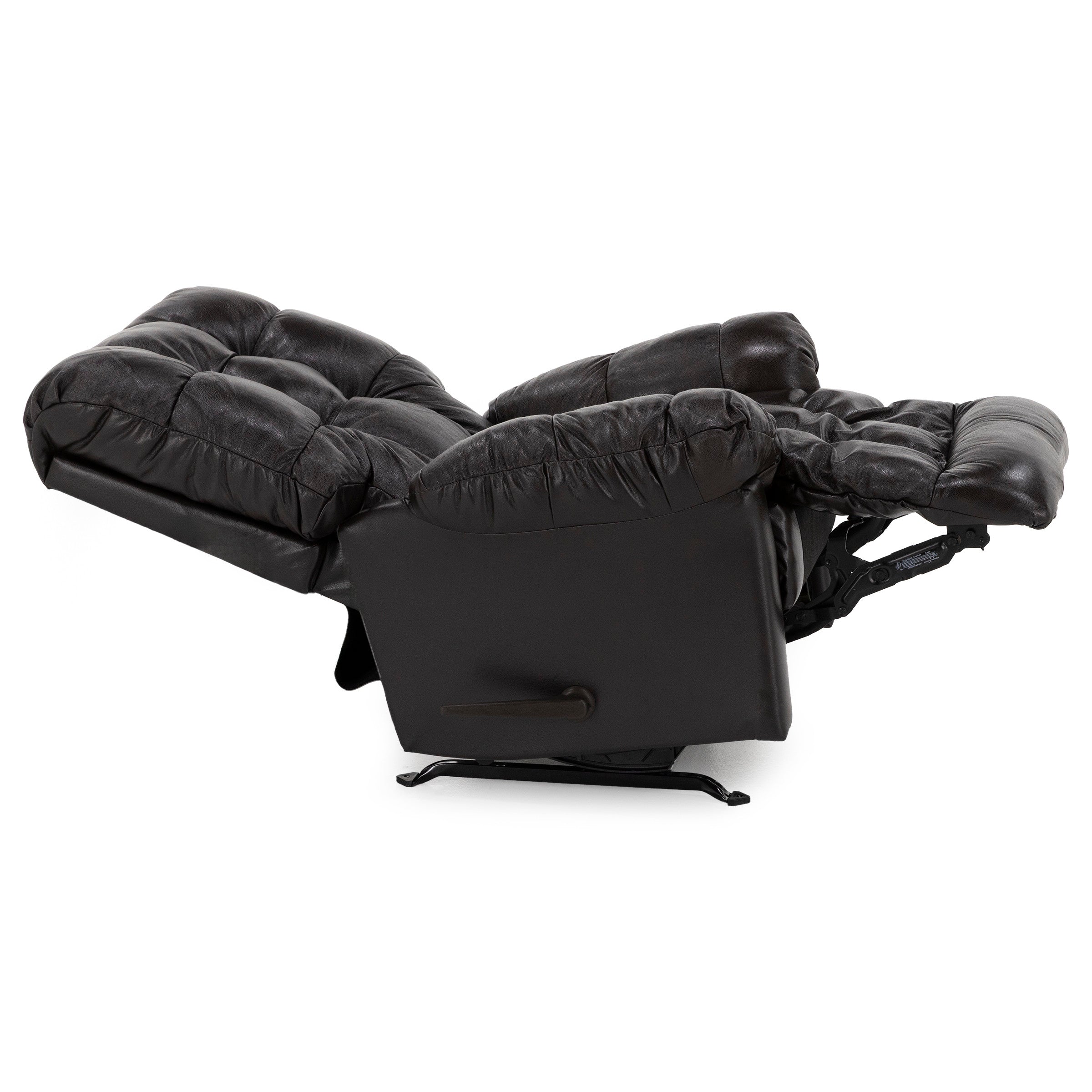 Dark brown leather recliner chair fully extended for lounging.